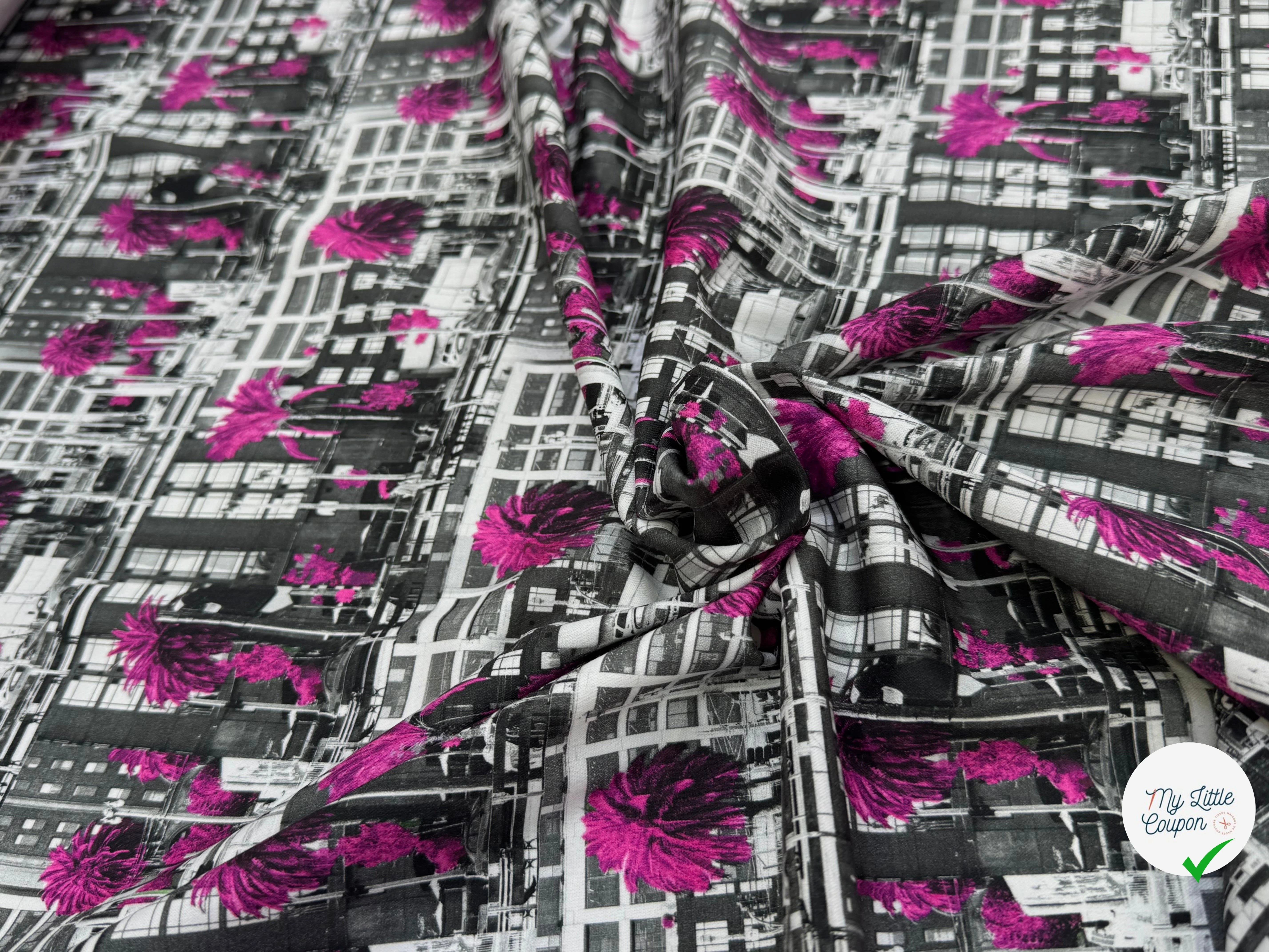 TOILE DE COTON NOBILEST STRETCH IMPRIMÉ GRAPHIQUE PALMIER ROSE - My Little Coupon