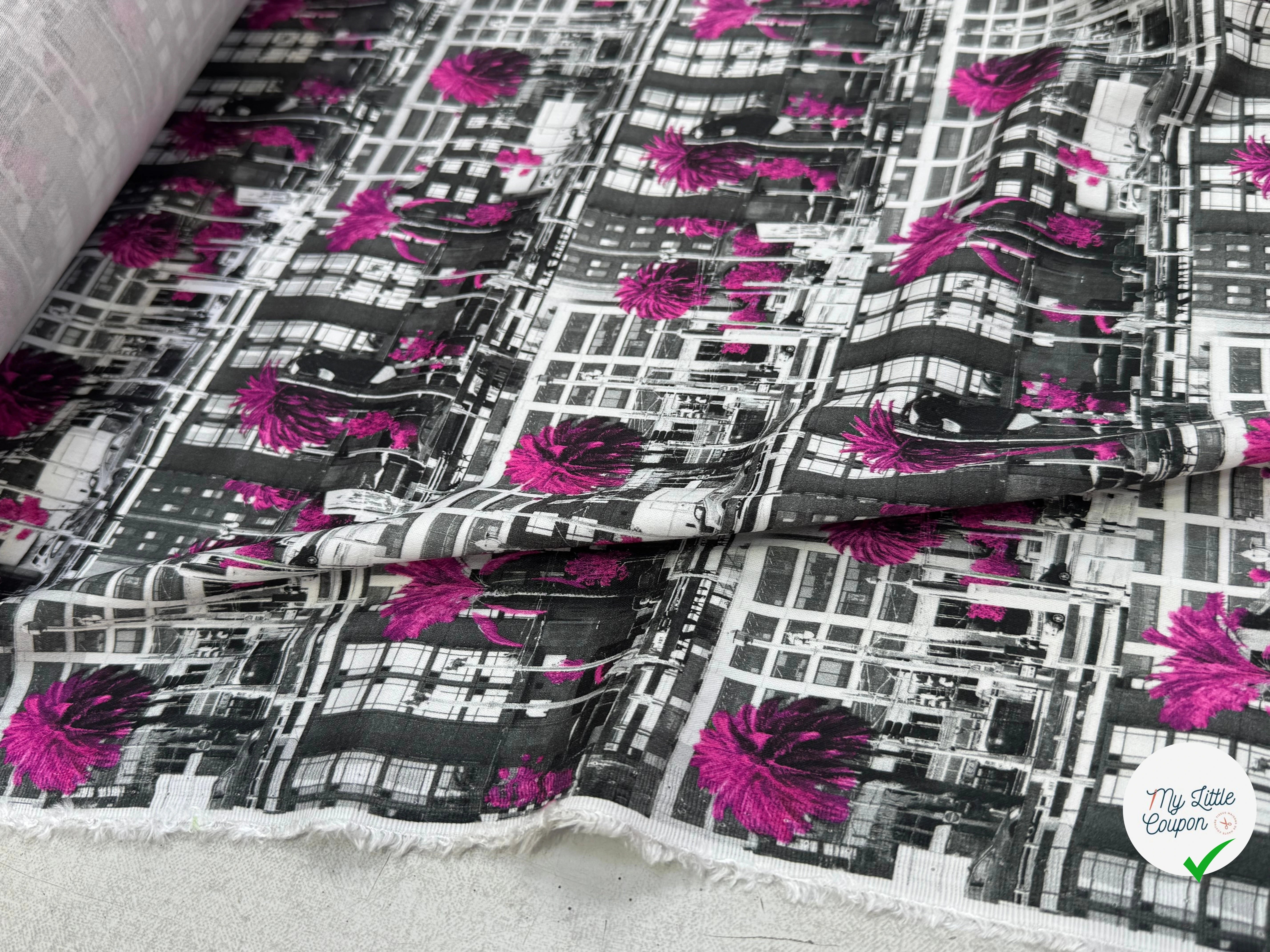 TOILE DE COTON NOBILEST STRETCH IMPRIMÉ GRAPHIQUE PALMIER ROSE - My Little Coupon