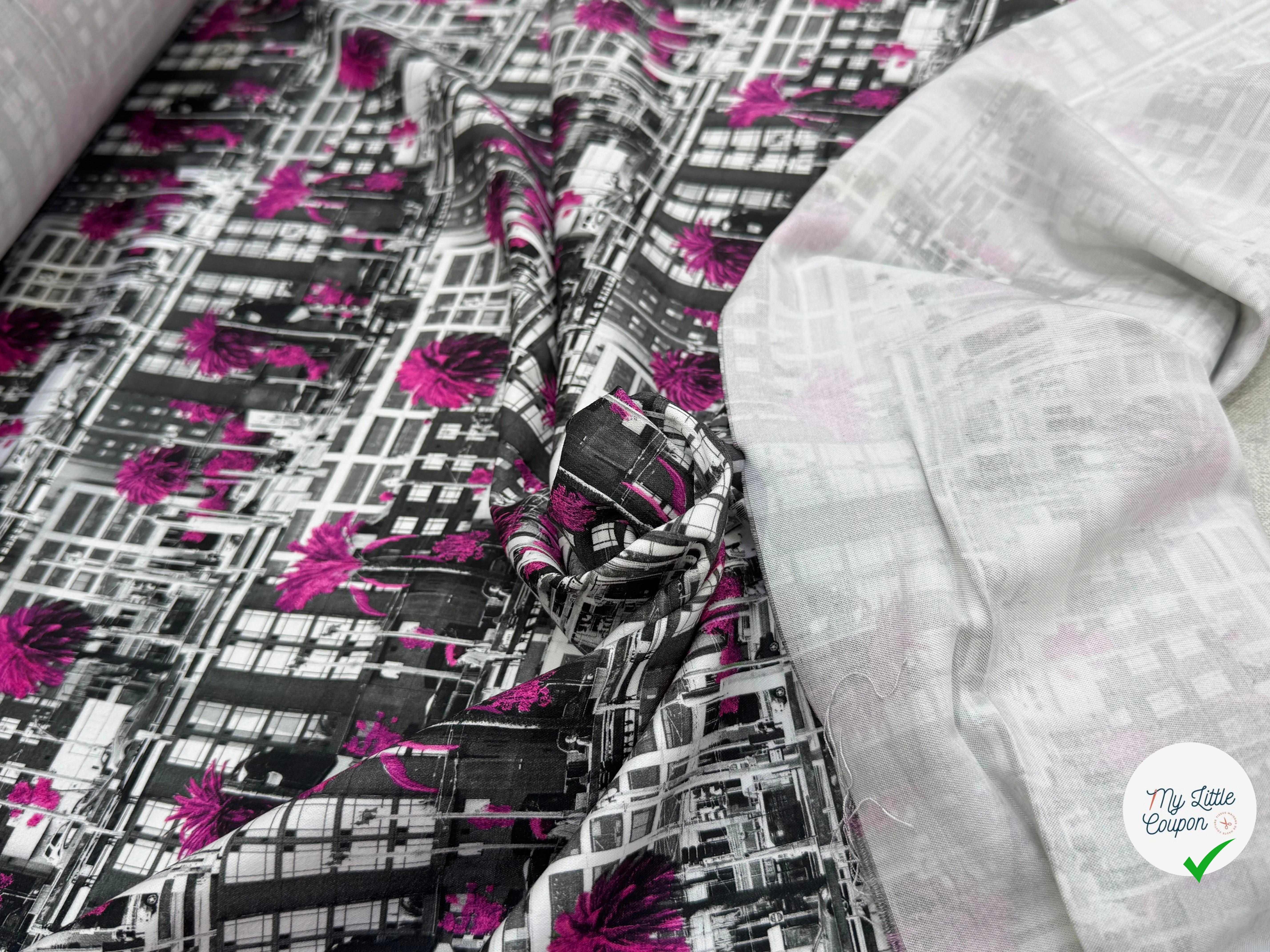 TOILE DE COTON NOBILEST STRETCH IMPRIMÉ GRAPHIQUE PALMIER ROSE - My Little Coupon