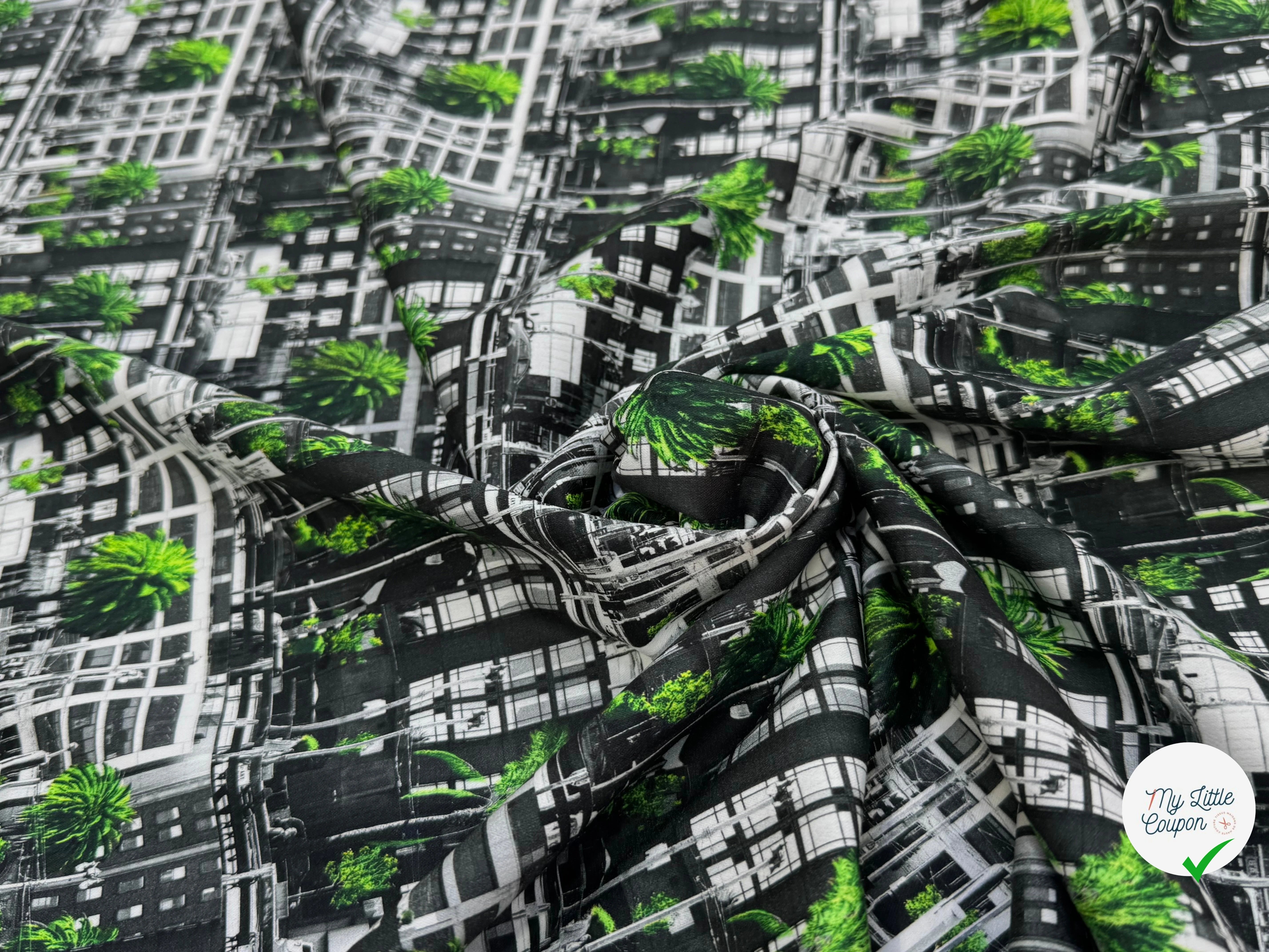 TOILE DE COTON NOBILEST STRETCH IMPRIMÉ GRAPHIQUE PALMIER VERT - My Little Coupon