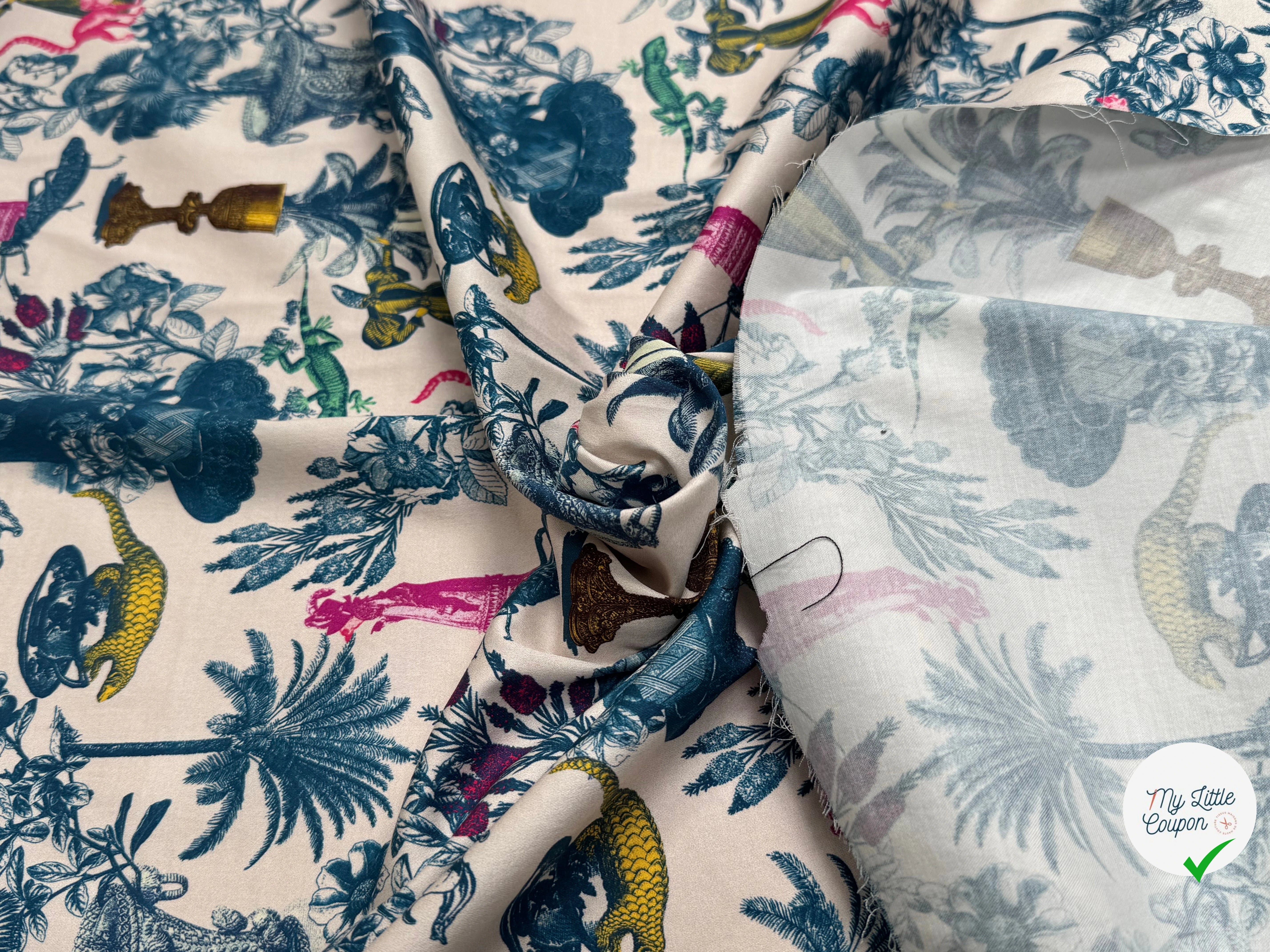 TOILE DE COTON STRETCH IMPRIMÉ TOILE DE JOUY BLEU CHUPITO TEATIME BLEU - My Little Coupon