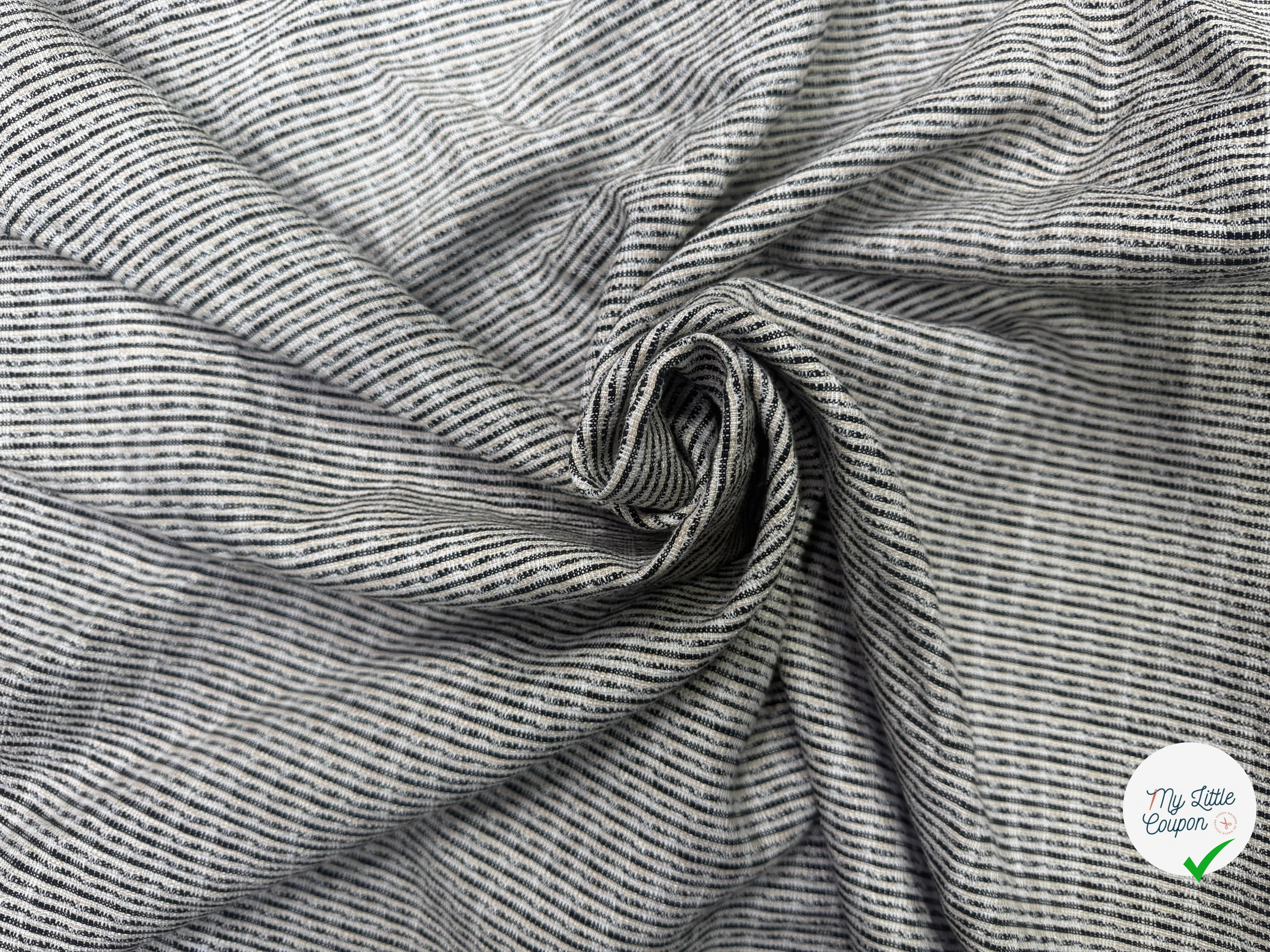 TOILE TISSÉE COTON LIN ARMURE APPARENTE CRÈME ARGENTÉ À RAYURES NOIRES - My Little Coupon