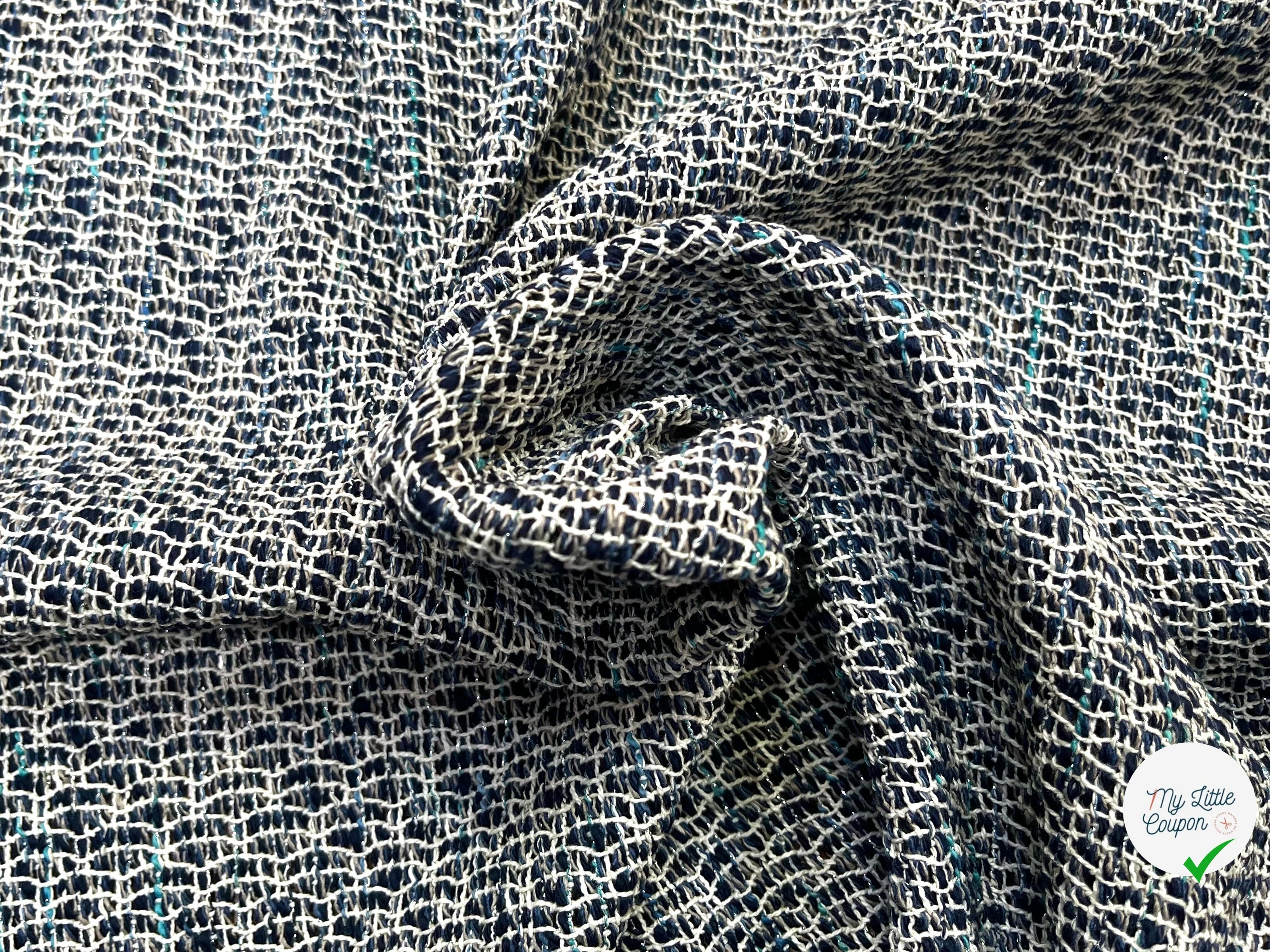 TWEED AVEC ARMATURE BLANCHE ET FOND BLEU MARINE ET BLEU CYAN - My Little Coupon
