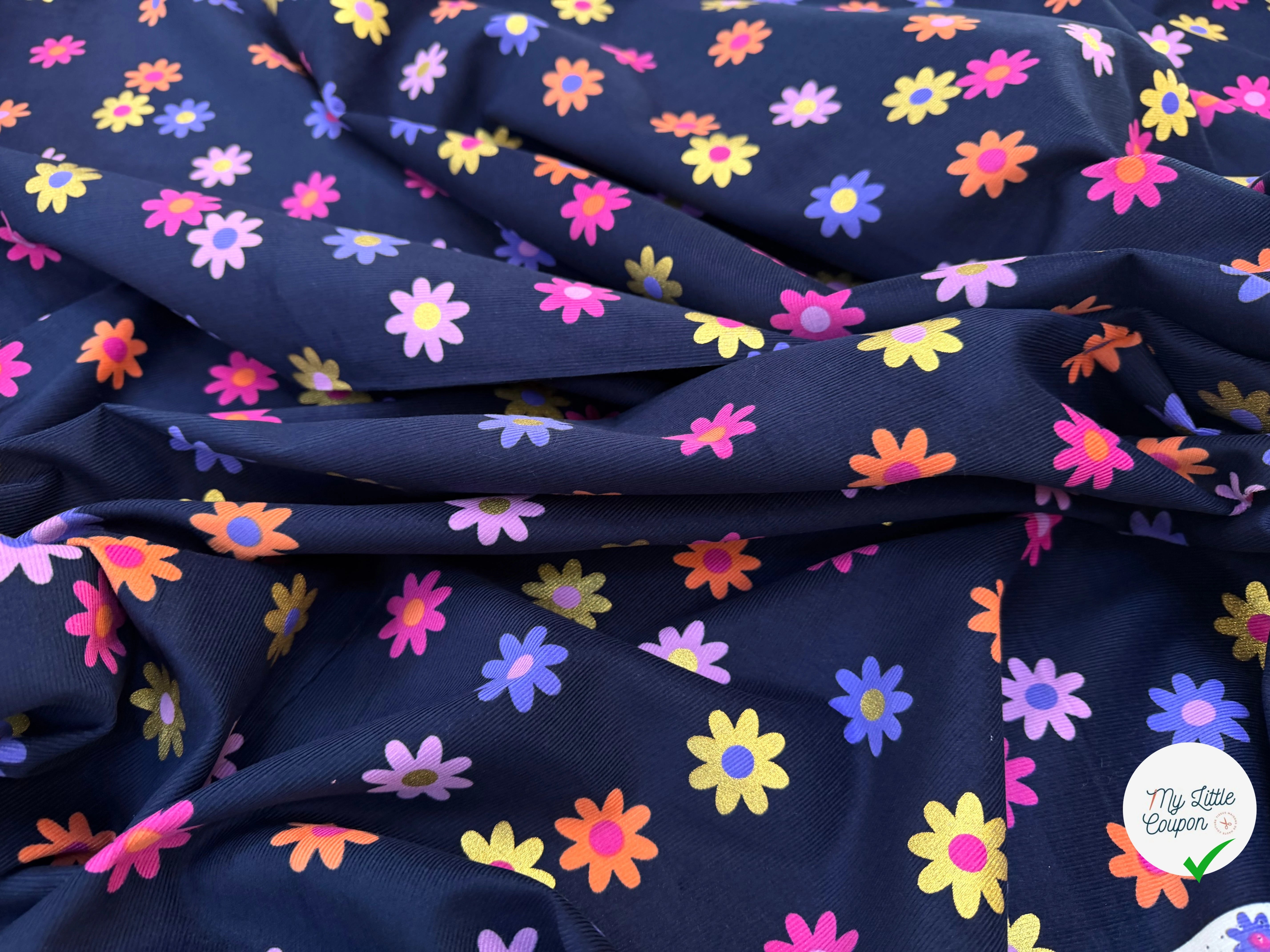 VELOURS BABYCORD FLOWERS – NAVY MULTI - My Little Coupon