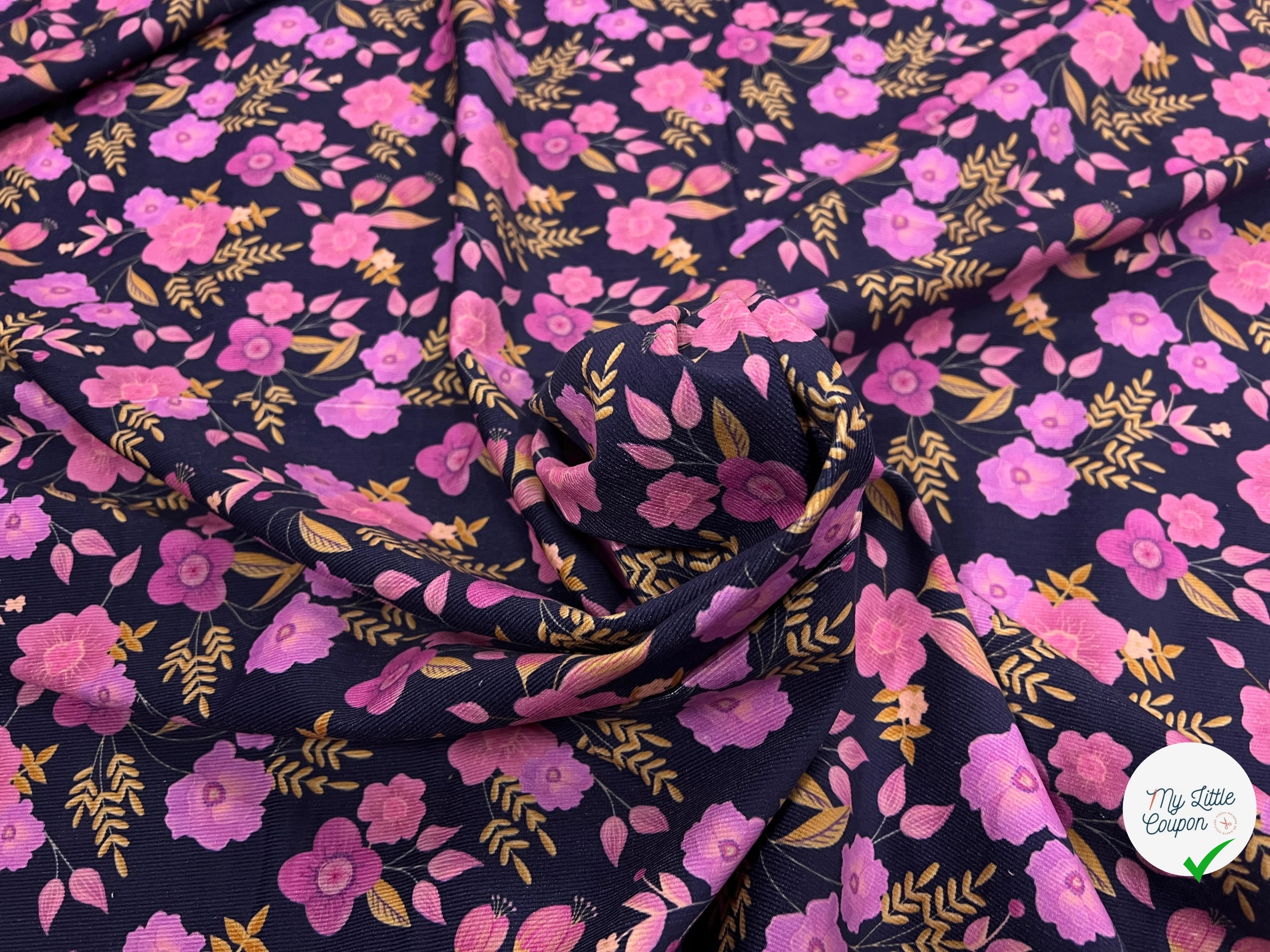 VELOURS COTON BABYCORD FOIL FLOWERS – NAVY - My Little Coupon