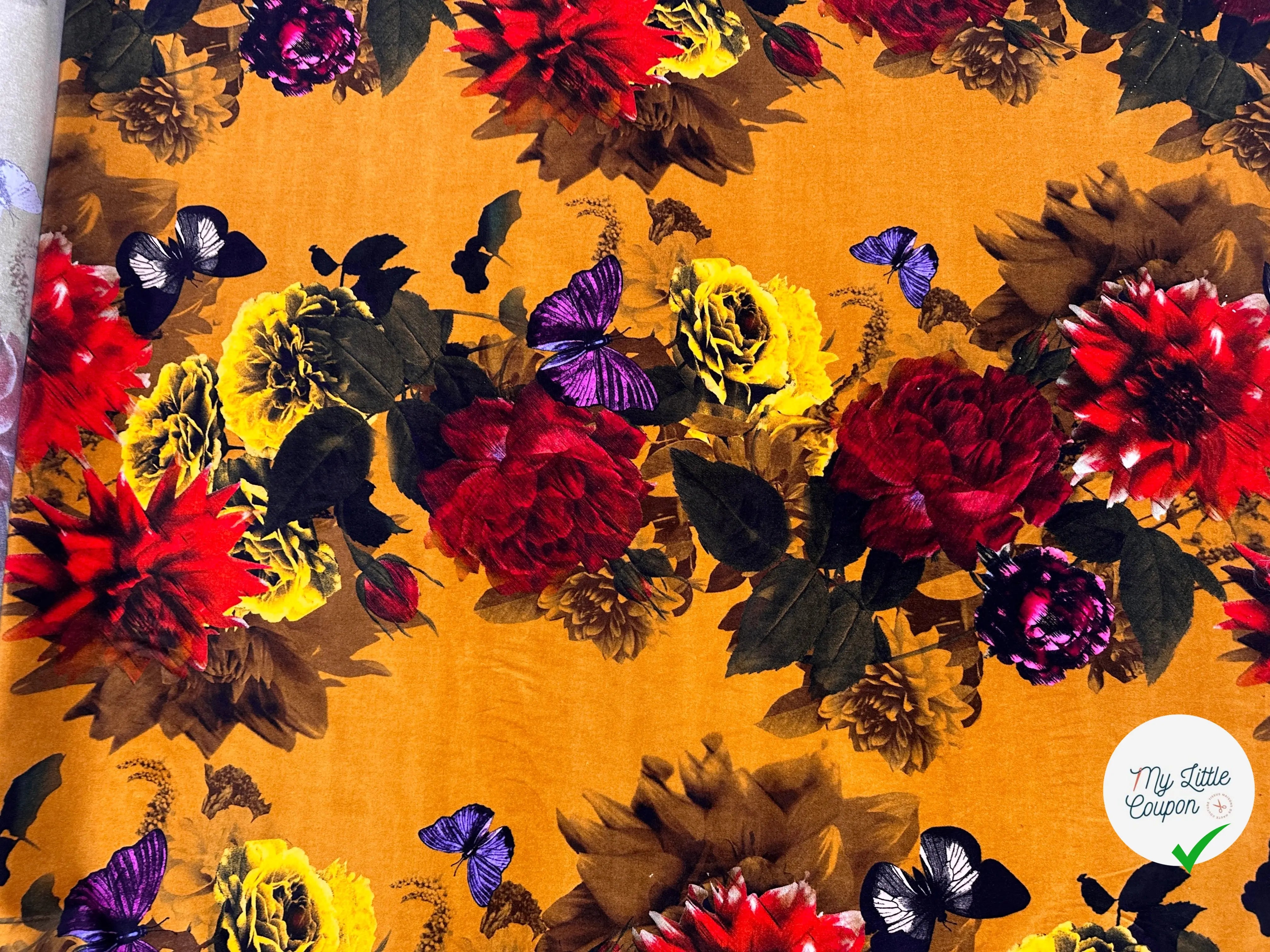 VELOURS DE COTON IMPRIMÉ FLORAL ET PAPILLONS MUSTARD MLC INTERN