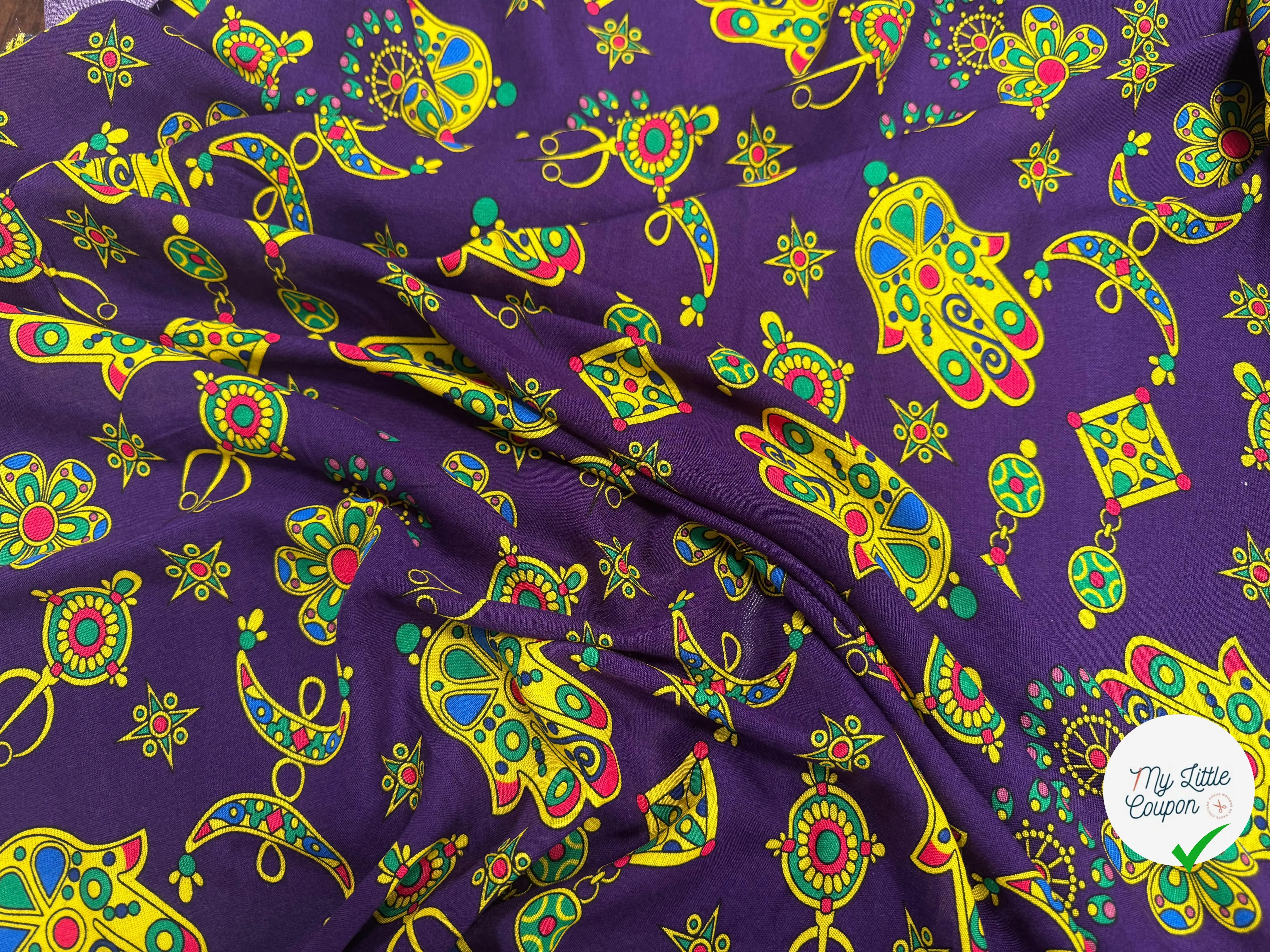 VISCOCE ARLEQUIN AVEC MOTIFS MAINS FOND VIOLET - My Little Coupon