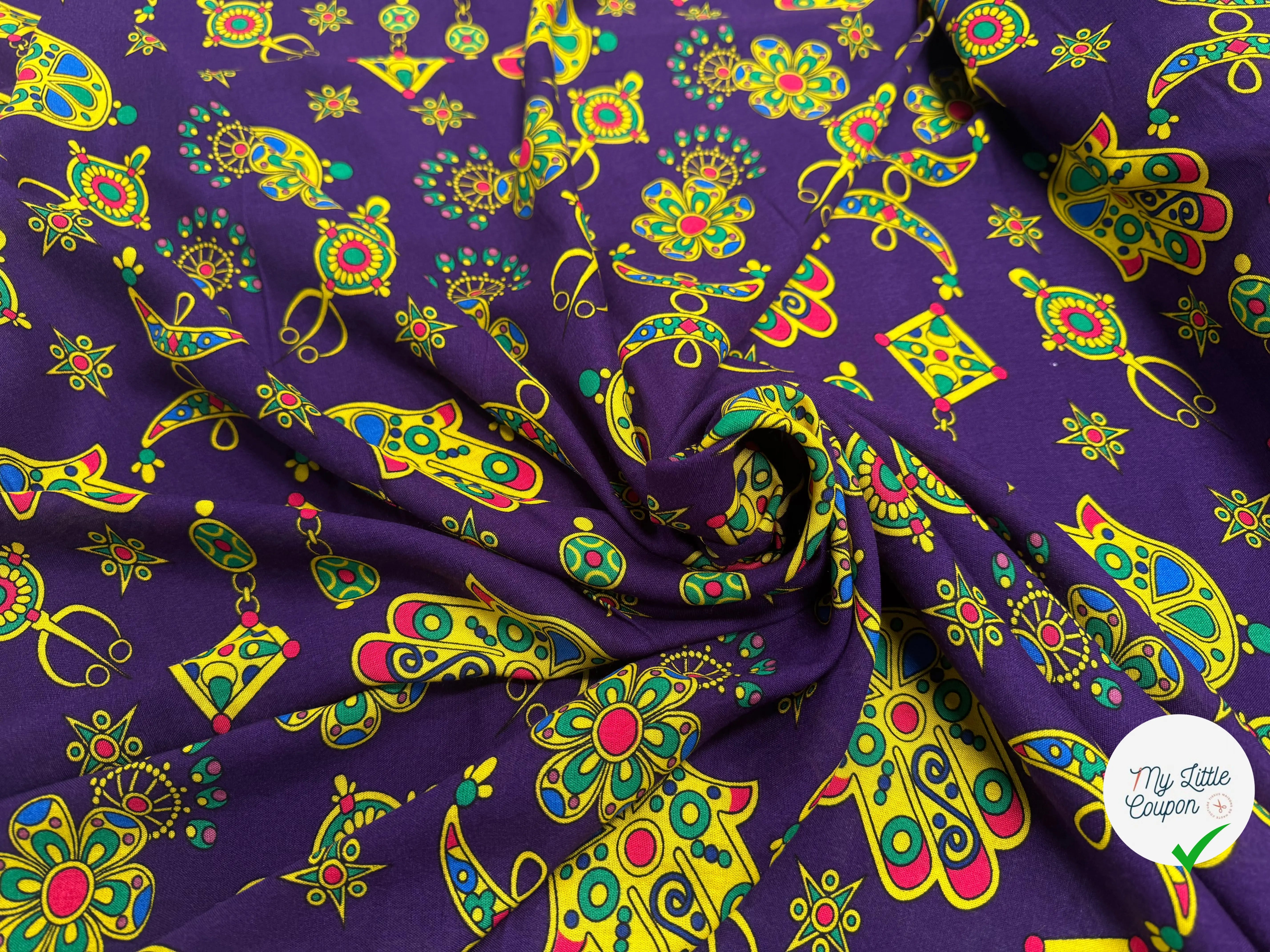VISCOCE ARLEQUIN AVEC MOTIFS MAINS FOND VIOLET - My Little Coupon