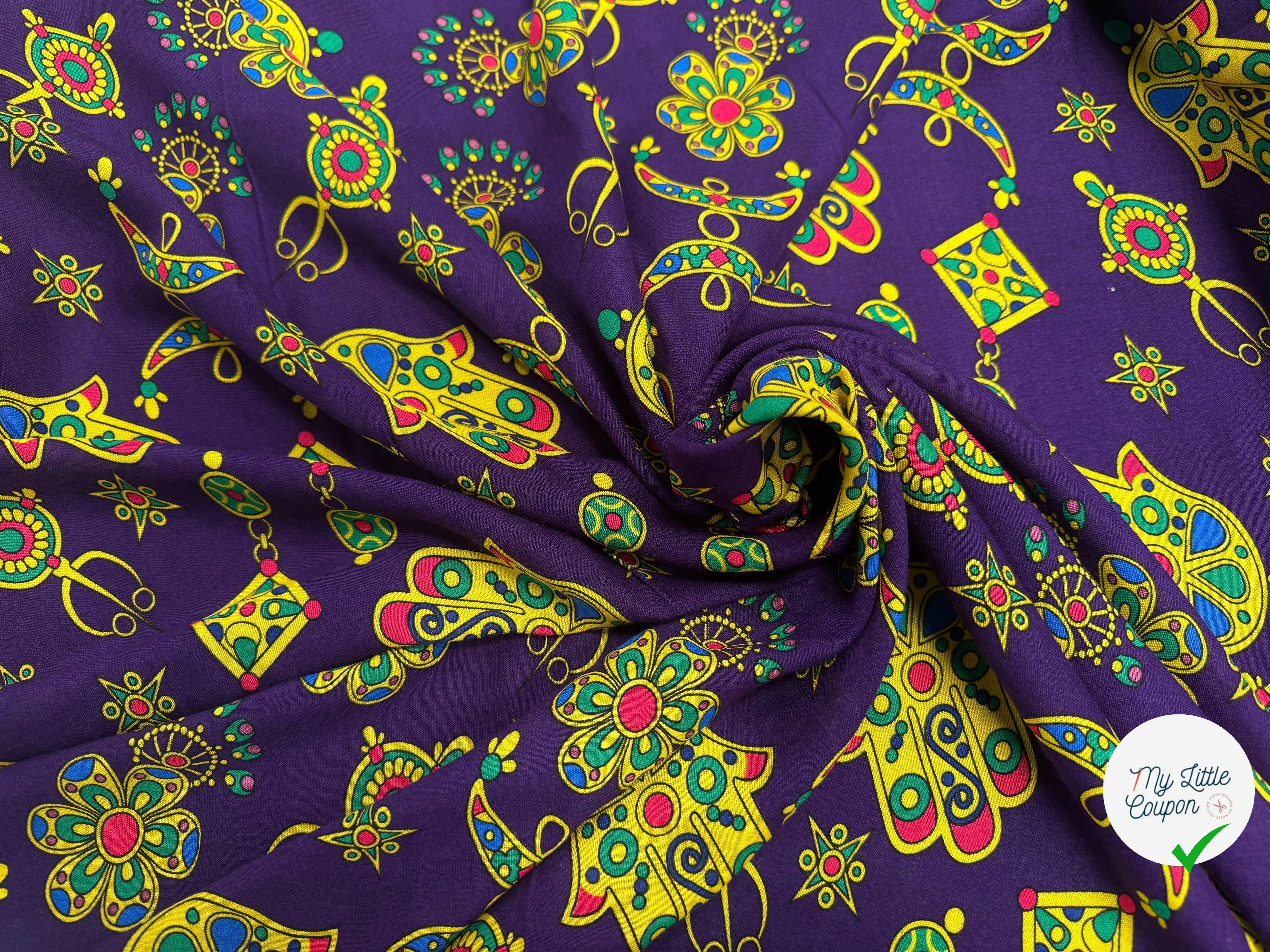 VISCOCE ARLEQUIN AVEC MOTIFS MAINS FOND VIOLET - My Little Coupon