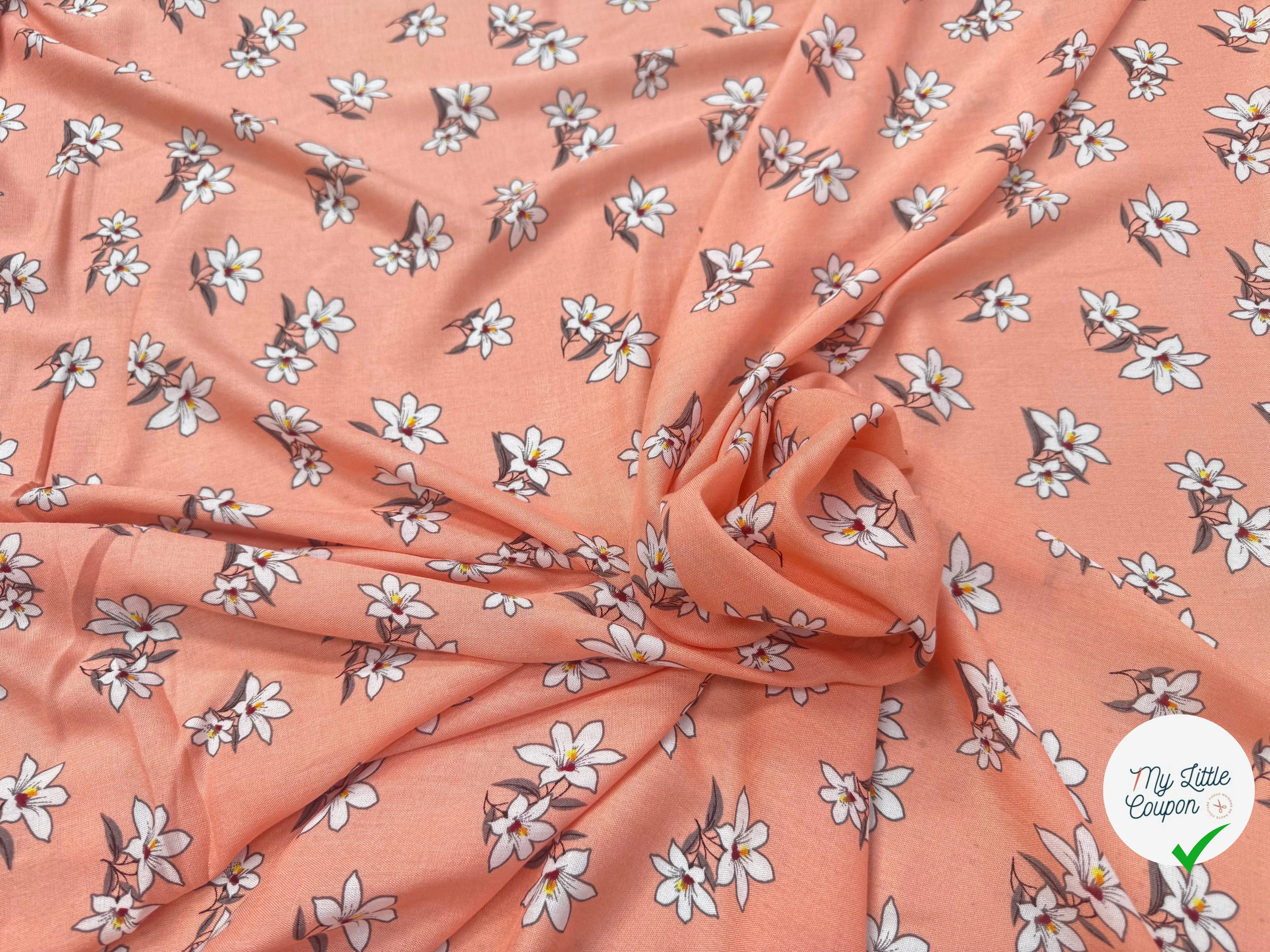 VISCOSE À MOTIF D'HIBISCUS À FOND PÊCHE - My Little Coupon