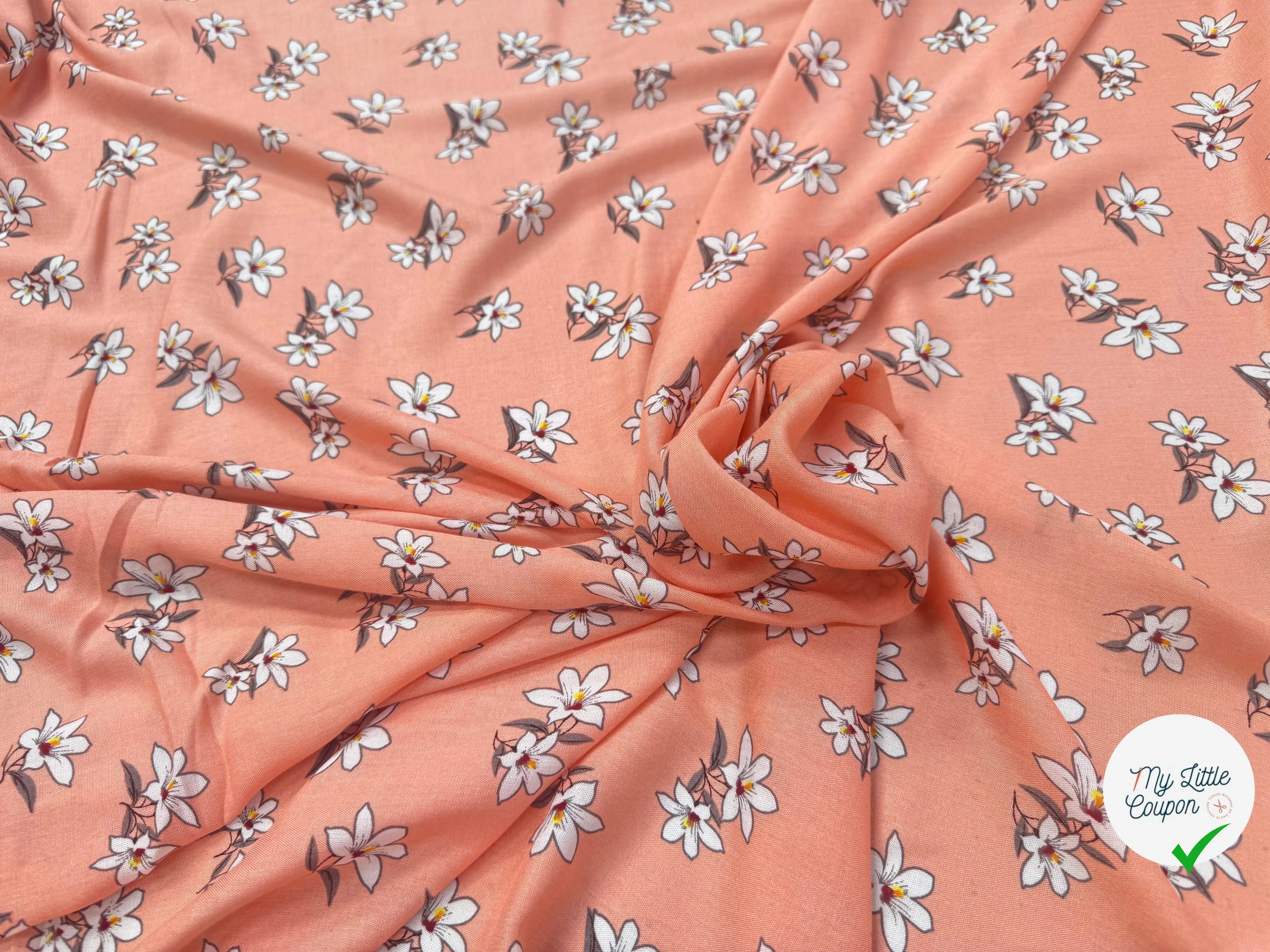 VISCOSE À MOTIF D'HIBISCUS À FOND PÊCHE - My Little Coupon