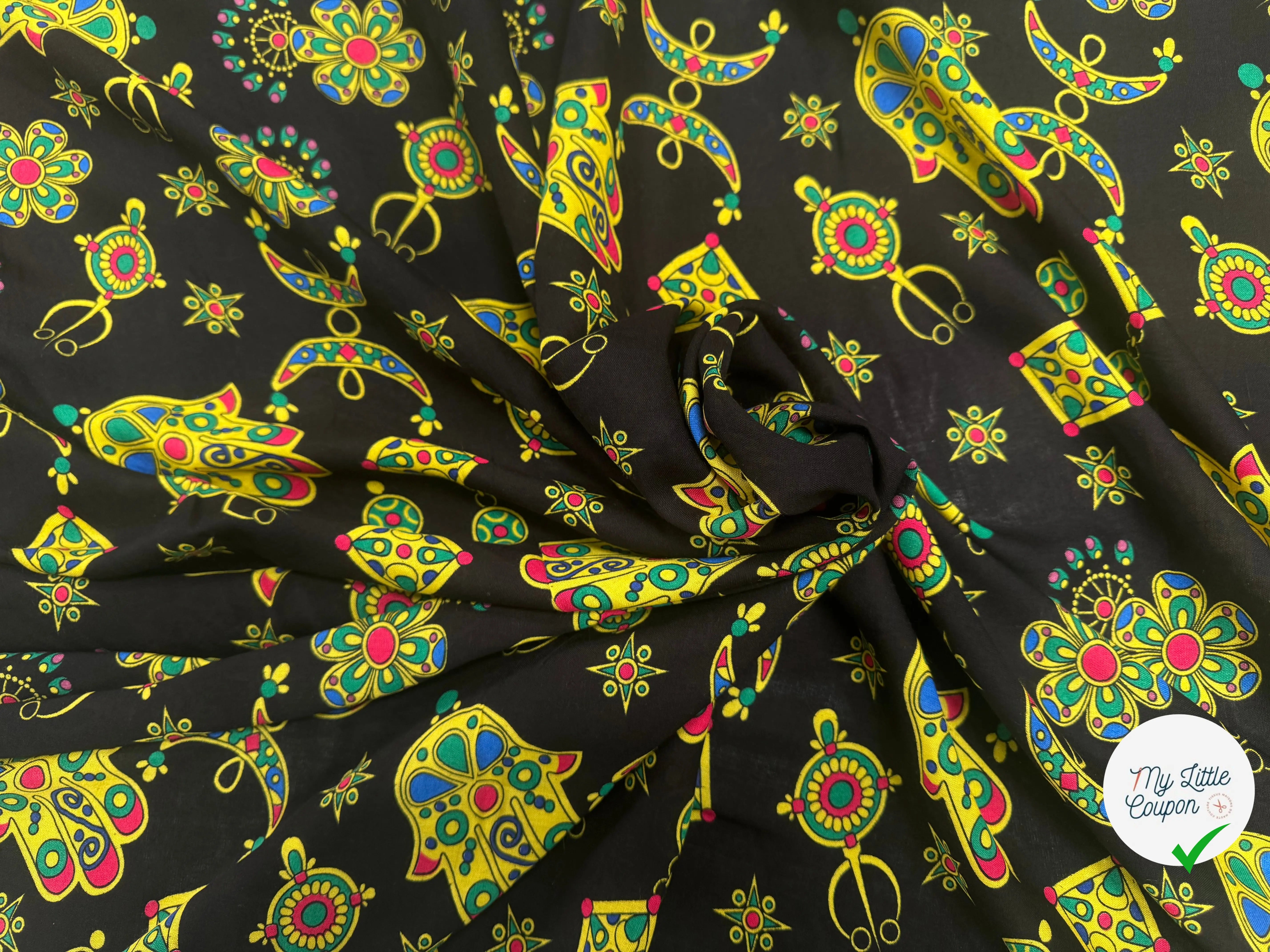 VISCOSE ARLEQUIN AVEC MOTIFS MAINS FOND NOIR - My Little Coupon