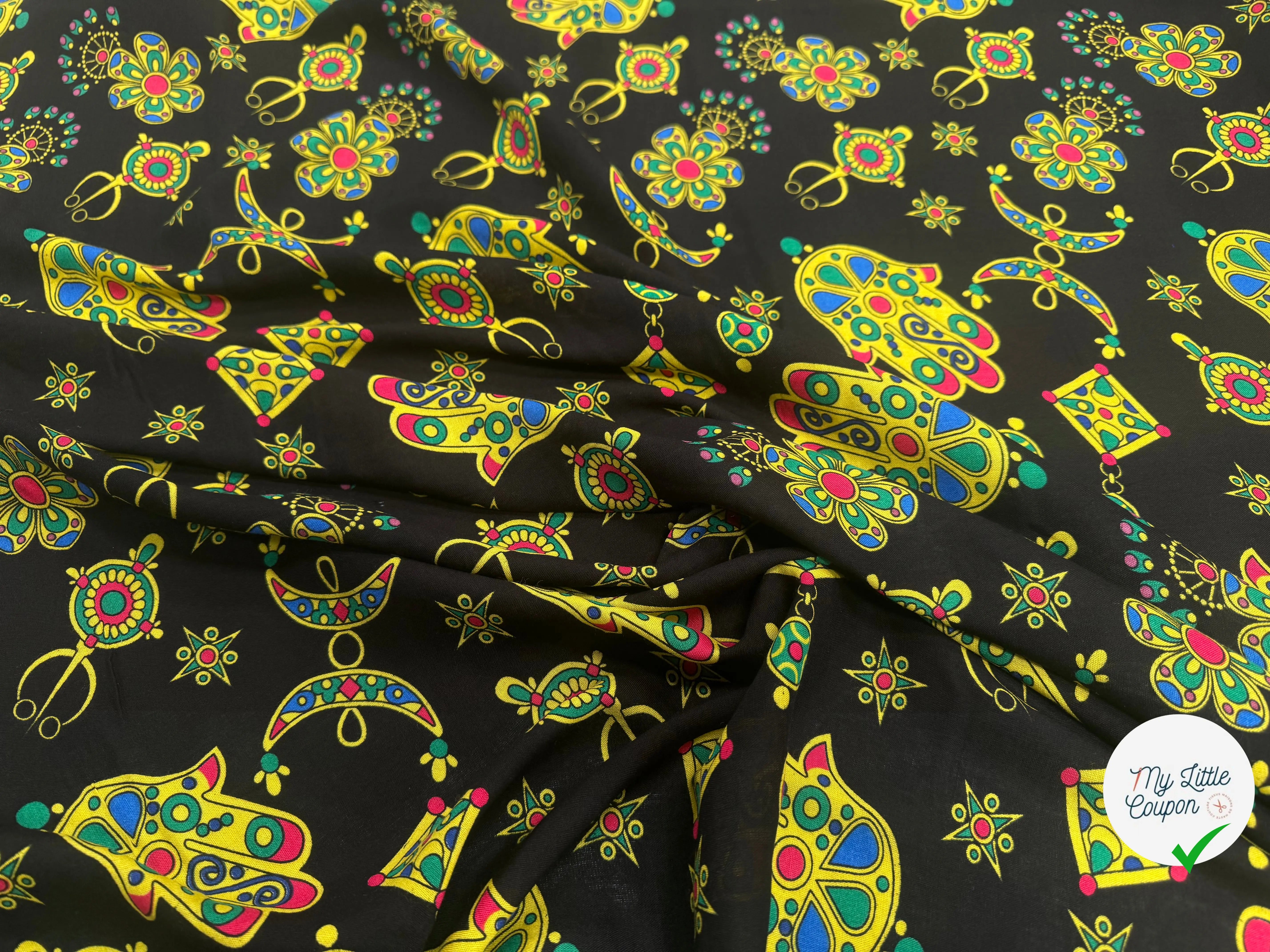 VISCOSE ARLEQUIN AVEC MOTIFS MAINS FOND NOIR - My Little Coupon