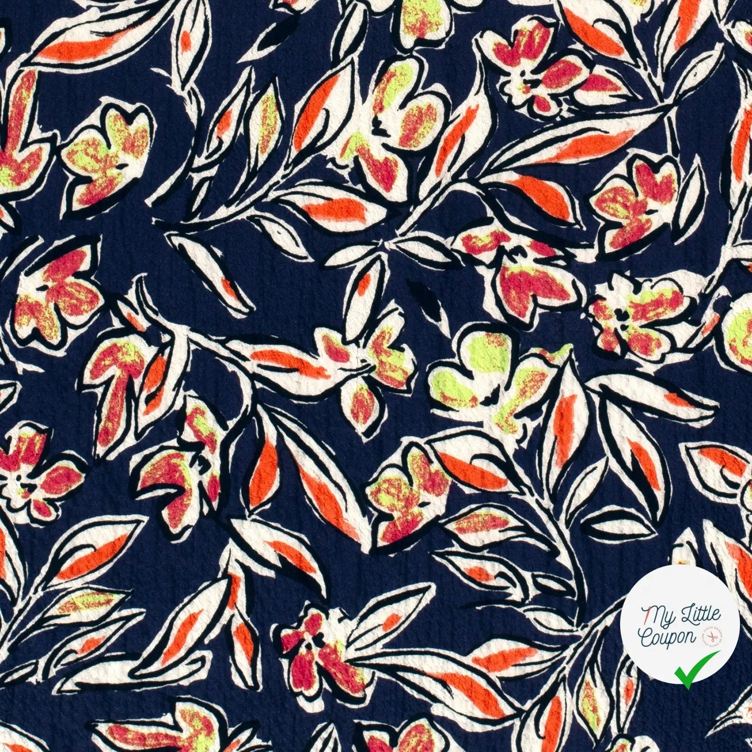 VISCOSE BUBBLE TISSU IMPRIMÉ FEUILLES BLEU MARINE - My Little Coupon