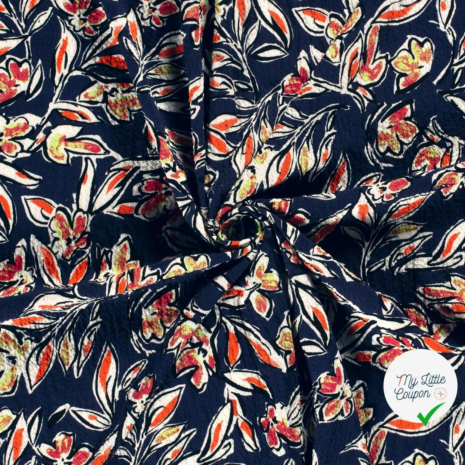 VISCOSE BUBBLE TISSU IMPRIMÉ FEUILLES BLEU MARINE - My Little Coupon