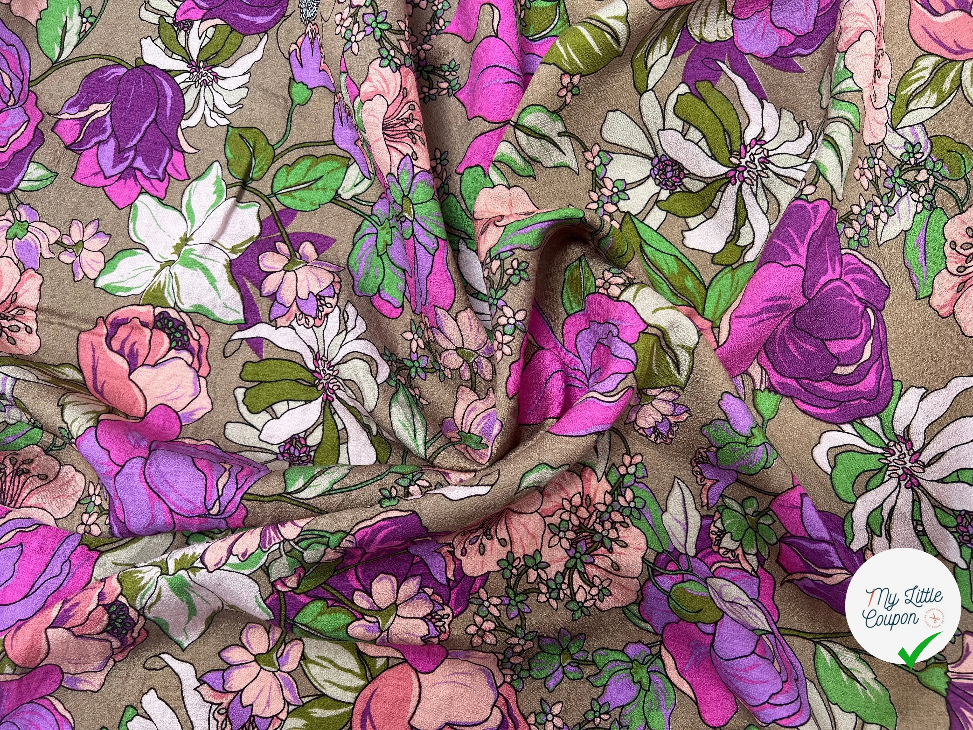VISCOSE BUBBLE TISSU IMPRIMÉ FLEURS MARRON TAUPE - My Little Coupon