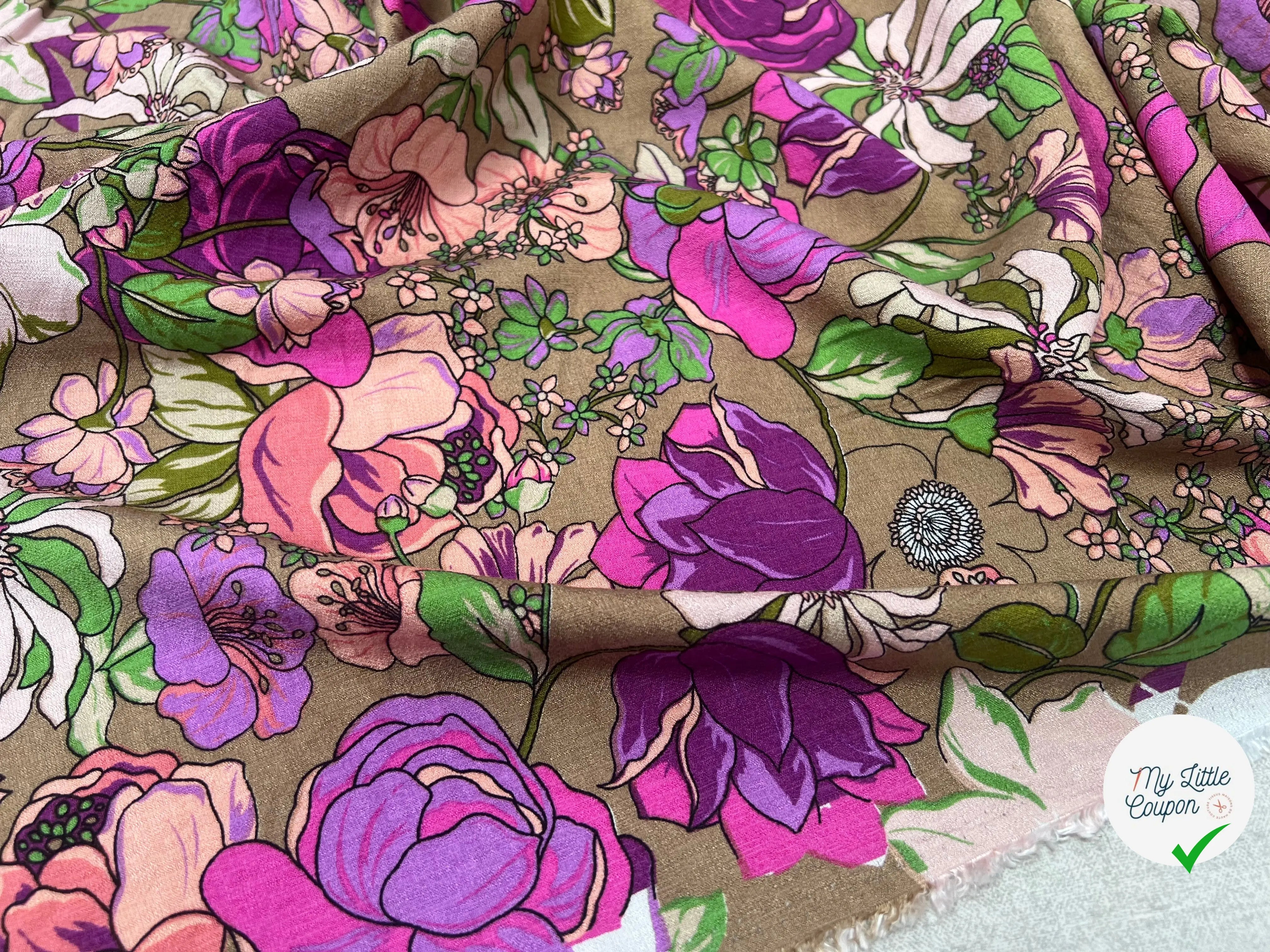 VISCOSE BUBBLE TISSU IMPRIMÉ FLEURS MARRON TAUPE - My Little Coupon