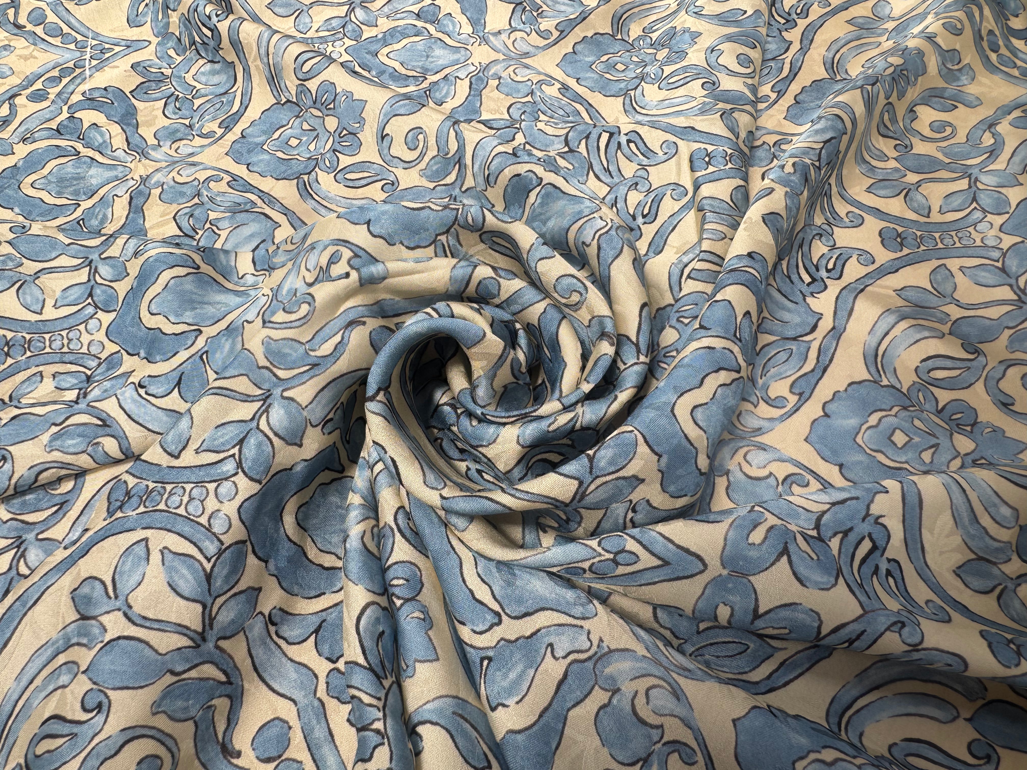 VISCOSE DOUCE INSPIRATION GRÈCE FOND BEIGE MOTIFS BLEU - My Little Coupon