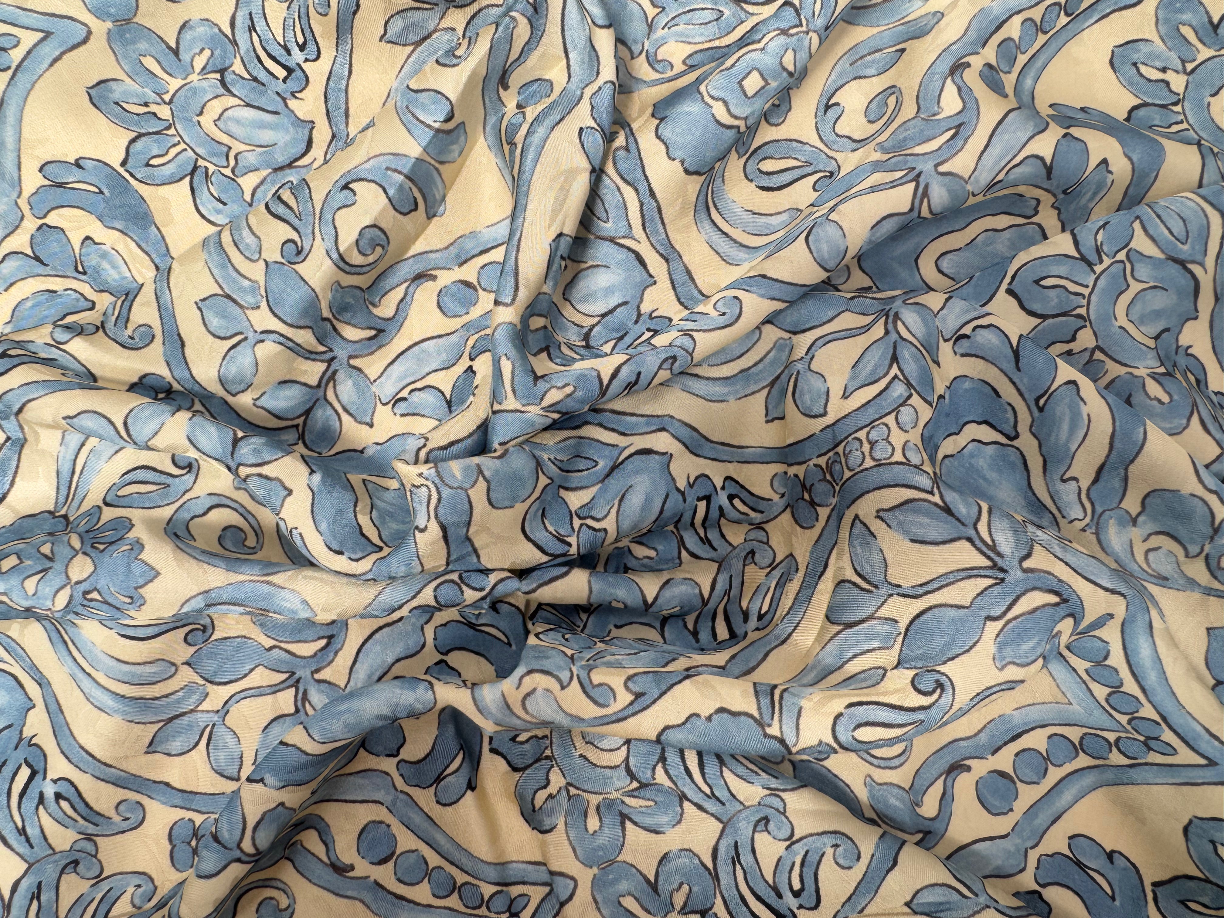 VISCOSE DOUCE INSPIRATION GRÈCE FOND BEIGE MOTIFS BLEU - My Little Coupon