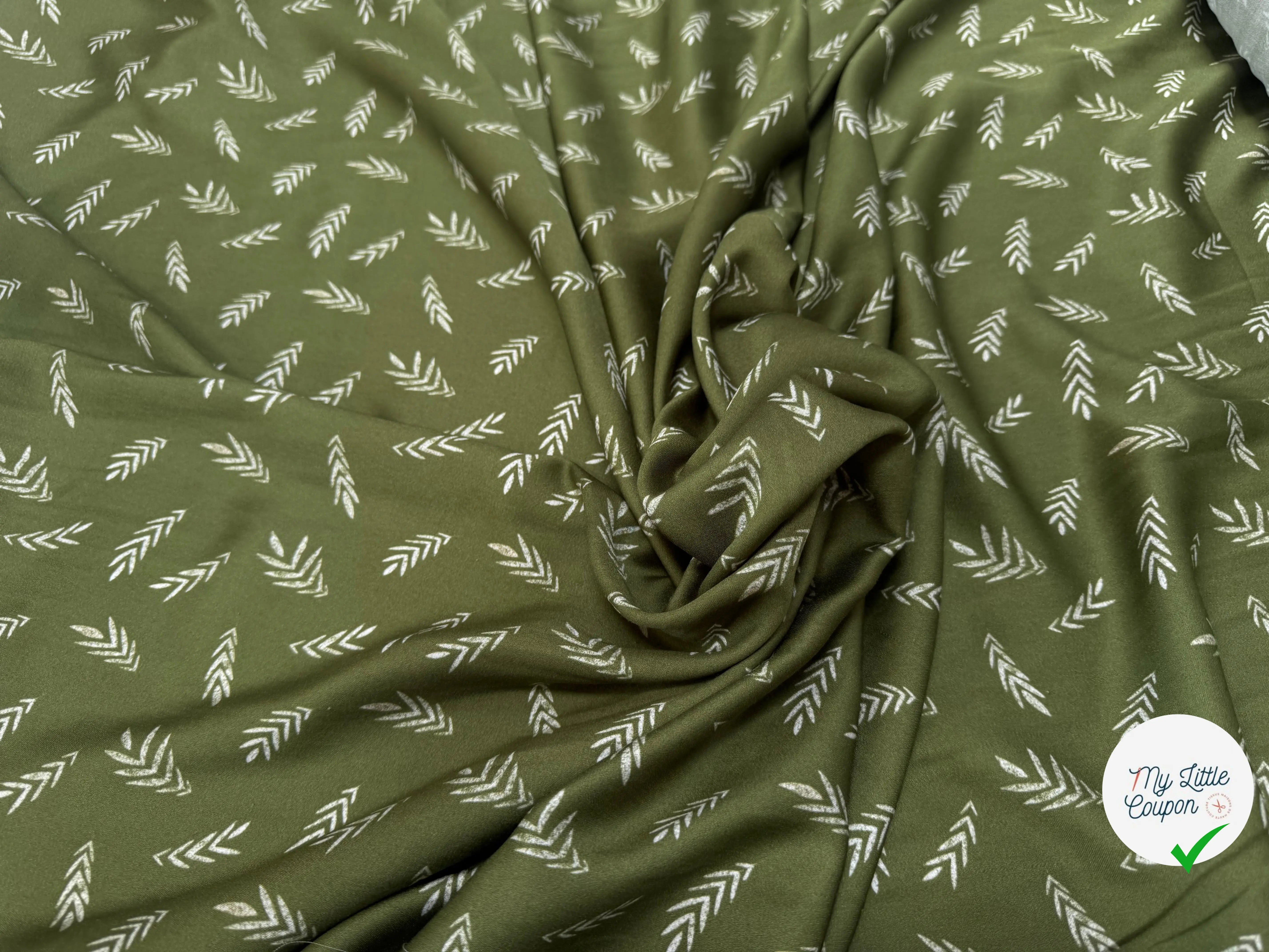 VISCOSE DOUCE TRES LEGEREMENT SATINEE MOTIF FEUILLAGES KAKI - My Little Coupon