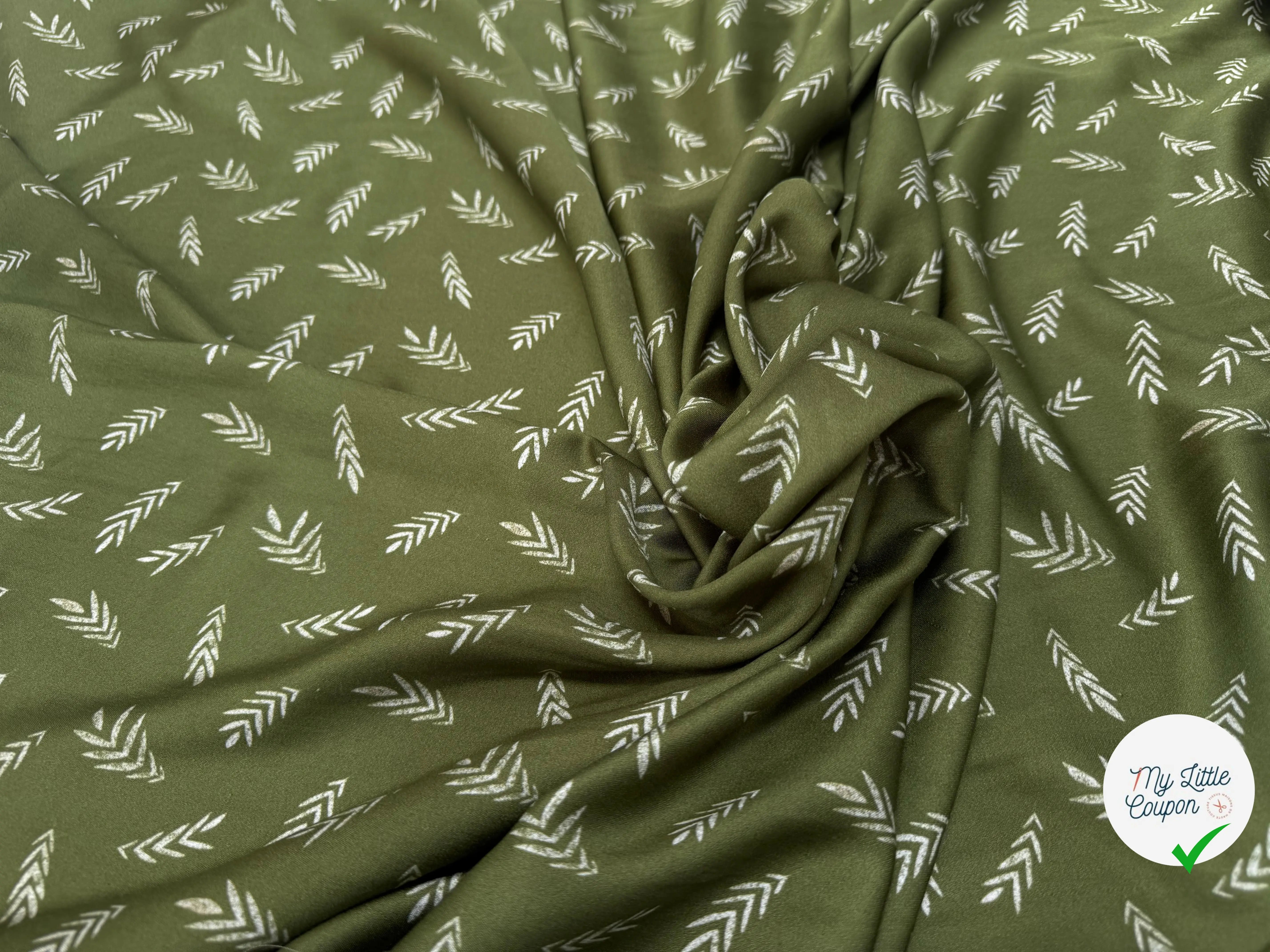 VISCOSE DOUCE TRES LEGEREMENT SATINEE MOTIF FEUILLAGES KAKI - My Little Coupon