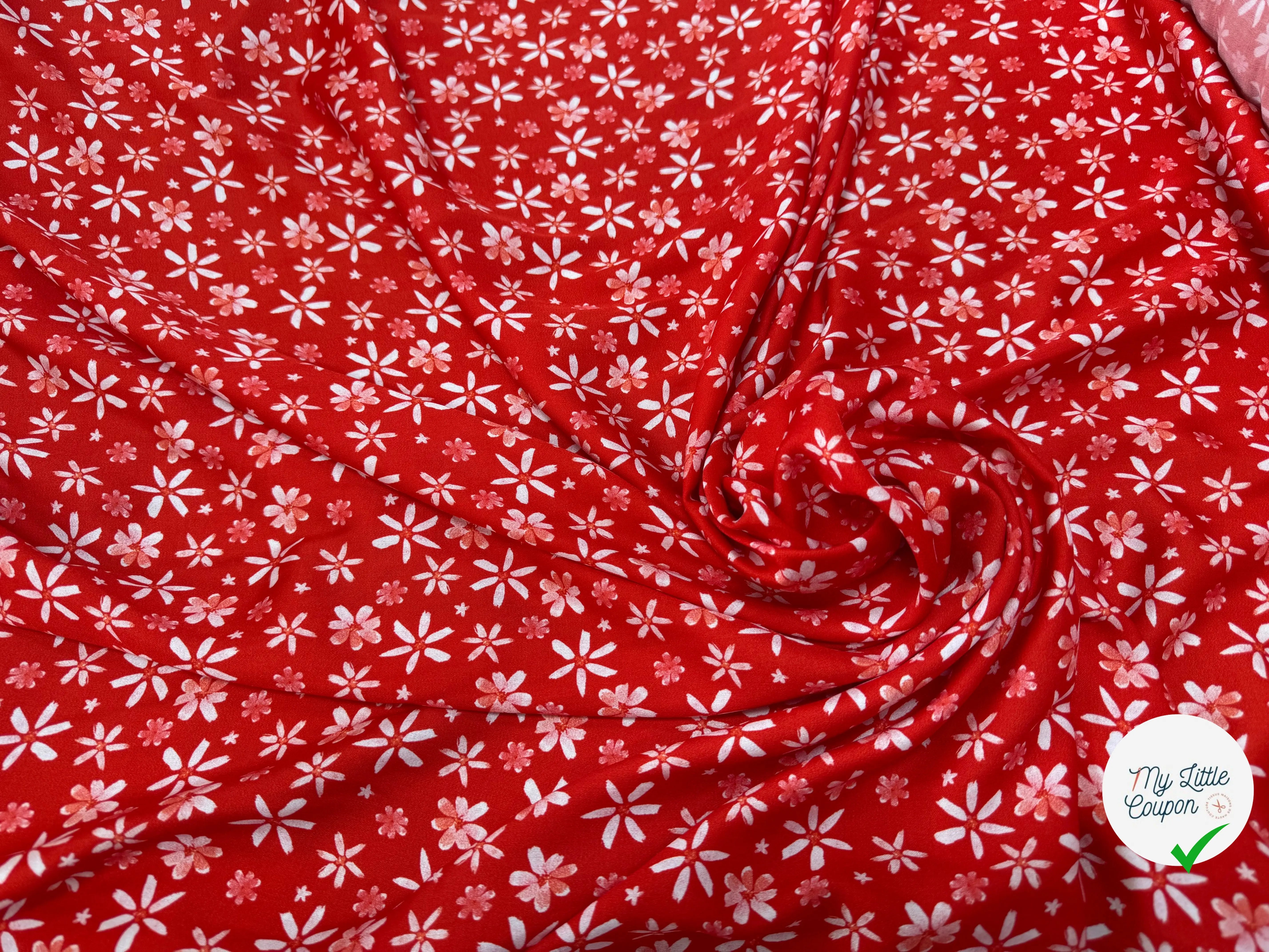 VISCOSE DOUCE TRES LEGEREMENT SATINEE PRINT FLEURS SUR FOND ROUGE - My Little Coupon
