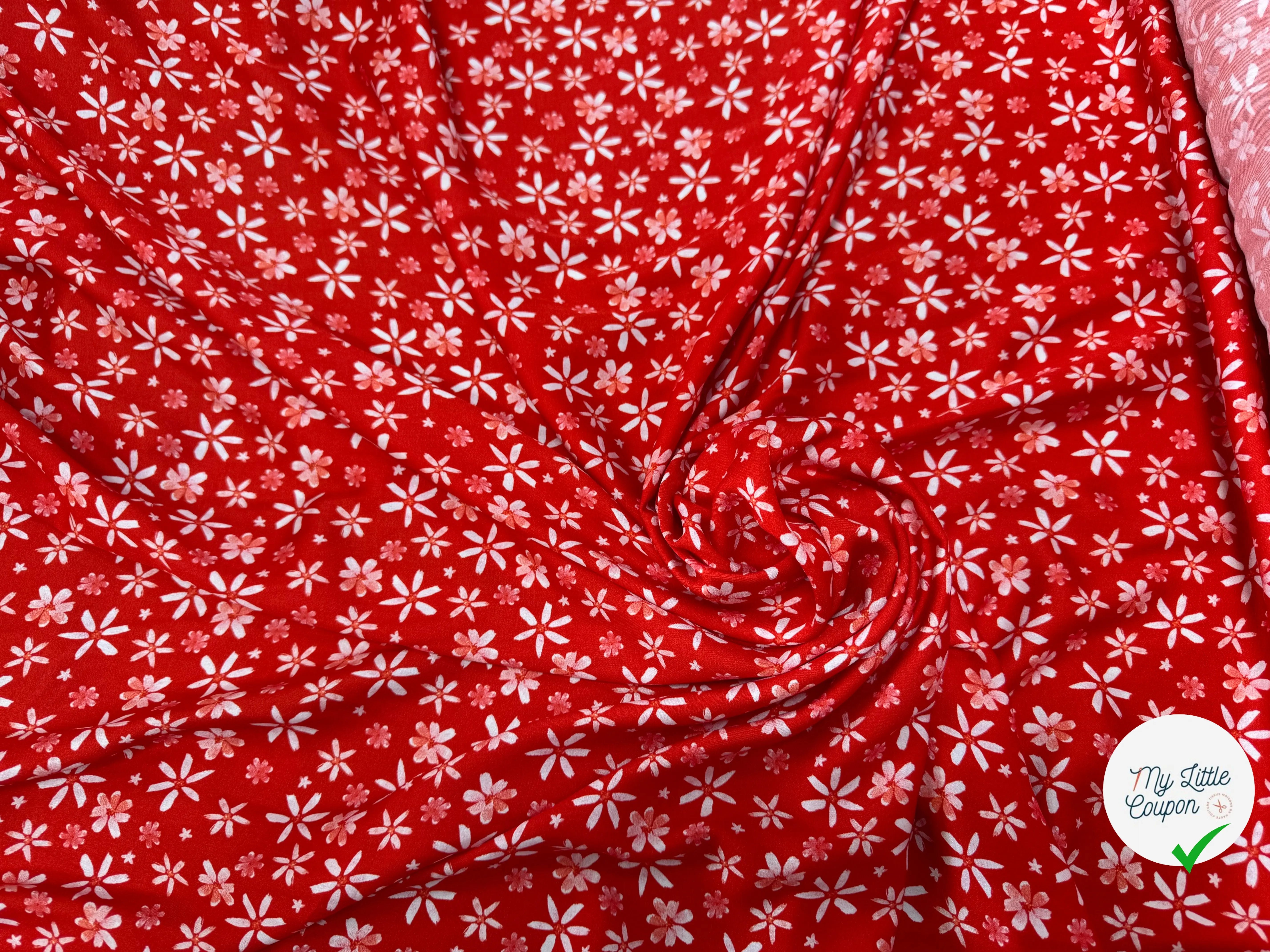 VISCOSE DOUCE TRES LEGEREMENT SATINEE PRINT FLEURS SUR FOND ROUGE - My Little Coupon