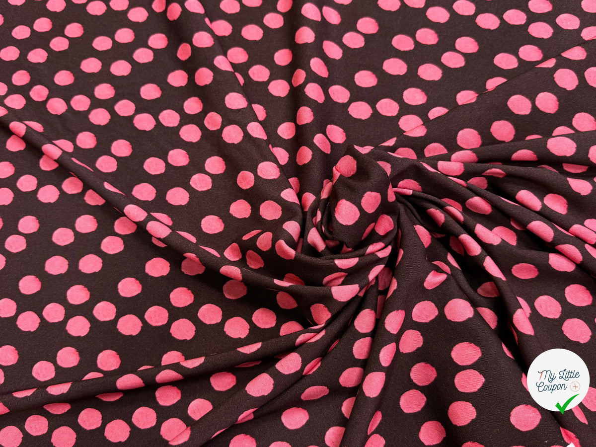 VISCOSE ÉLASTHANNE IMPRIMÉ POIS ROSES FOND MARRON - My Little Coupon