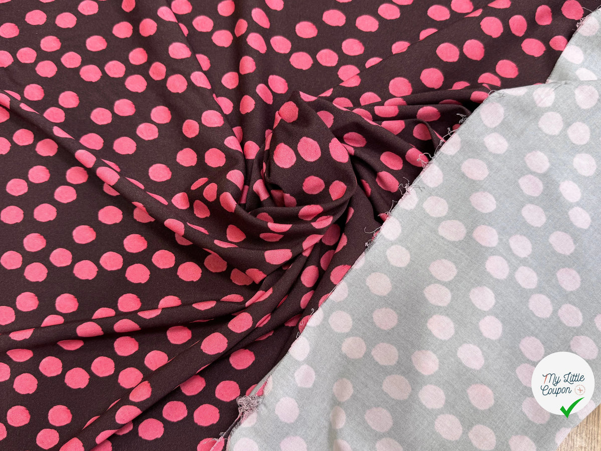 VISCOSE ÉLASTHANNE IMPRIMÉ POIS ROSES FOND MARRON - My Little Coupon