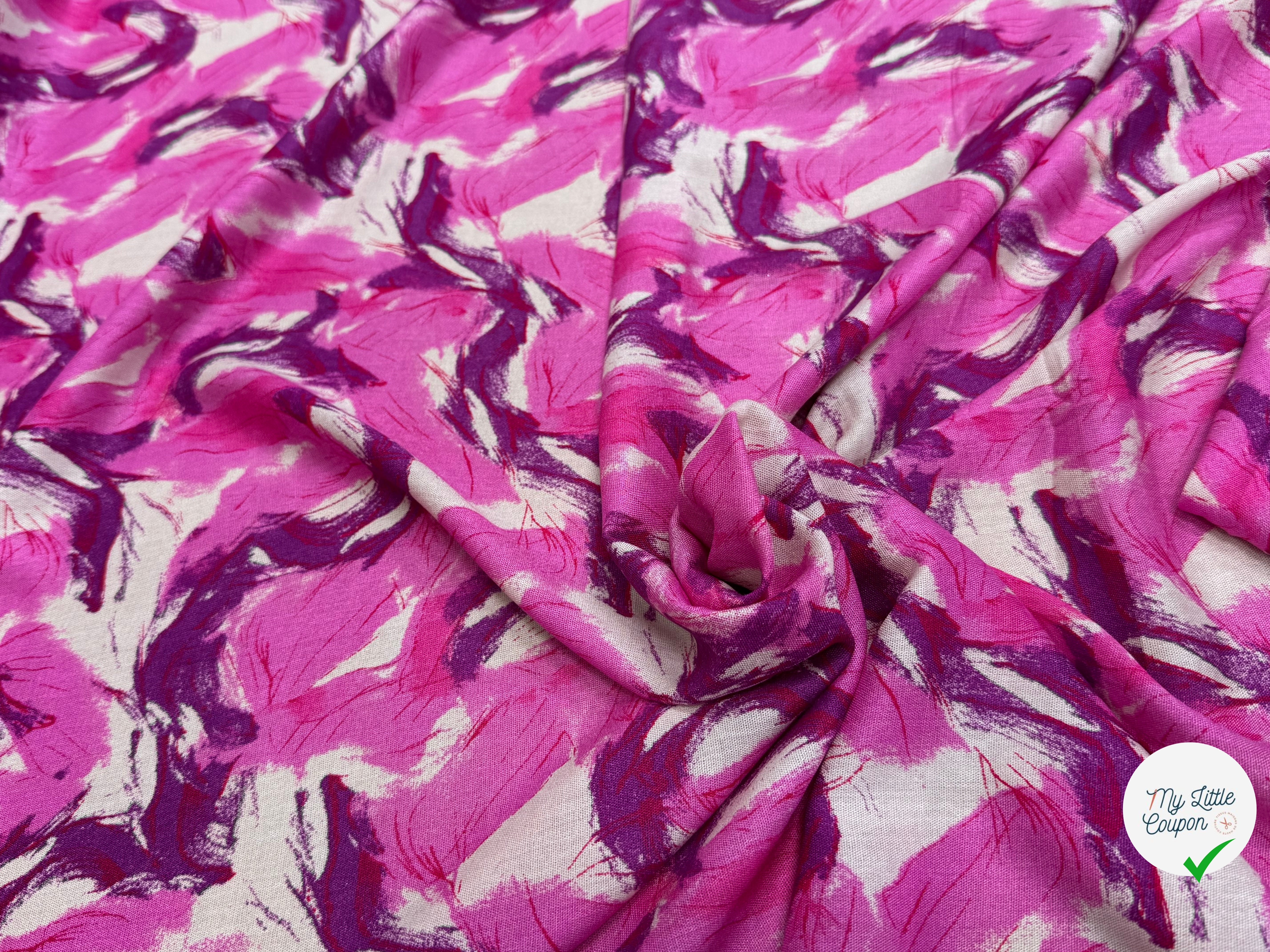 VISCOSE FLUIDE FOND BEIGE IMPRIMÉE TOURBILLON ROSE VIOLET - My Little Coupon