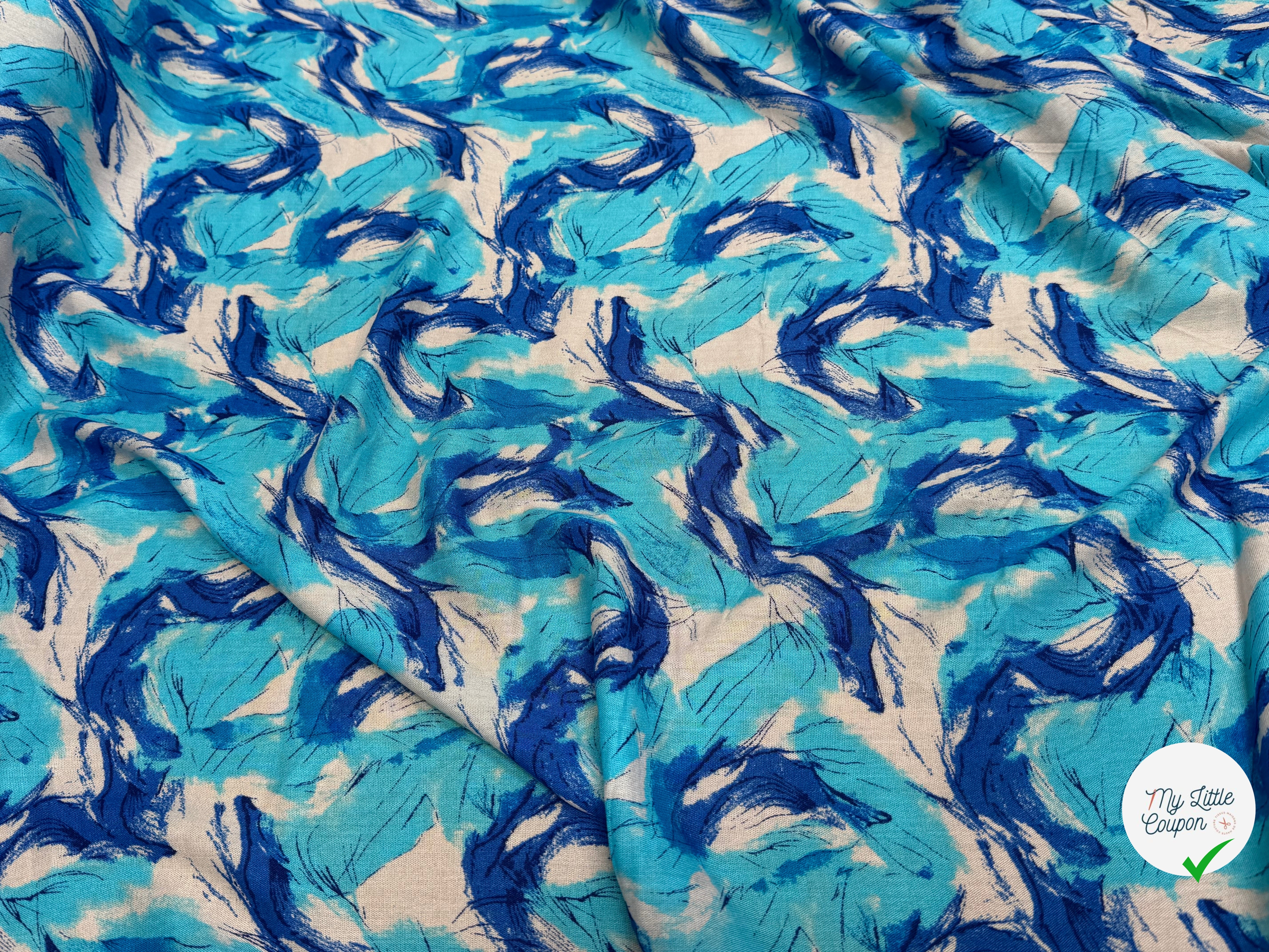 VISCOSE FLUIDE FOND BLANC IMPRIMÉE TOURBILLON ROI TURQUOISE - My Little Coupon