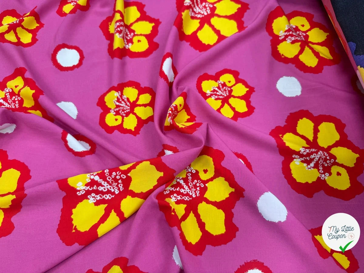 VISCOSE FOND ROSE FLEURS JAUNE - My Little Coupon