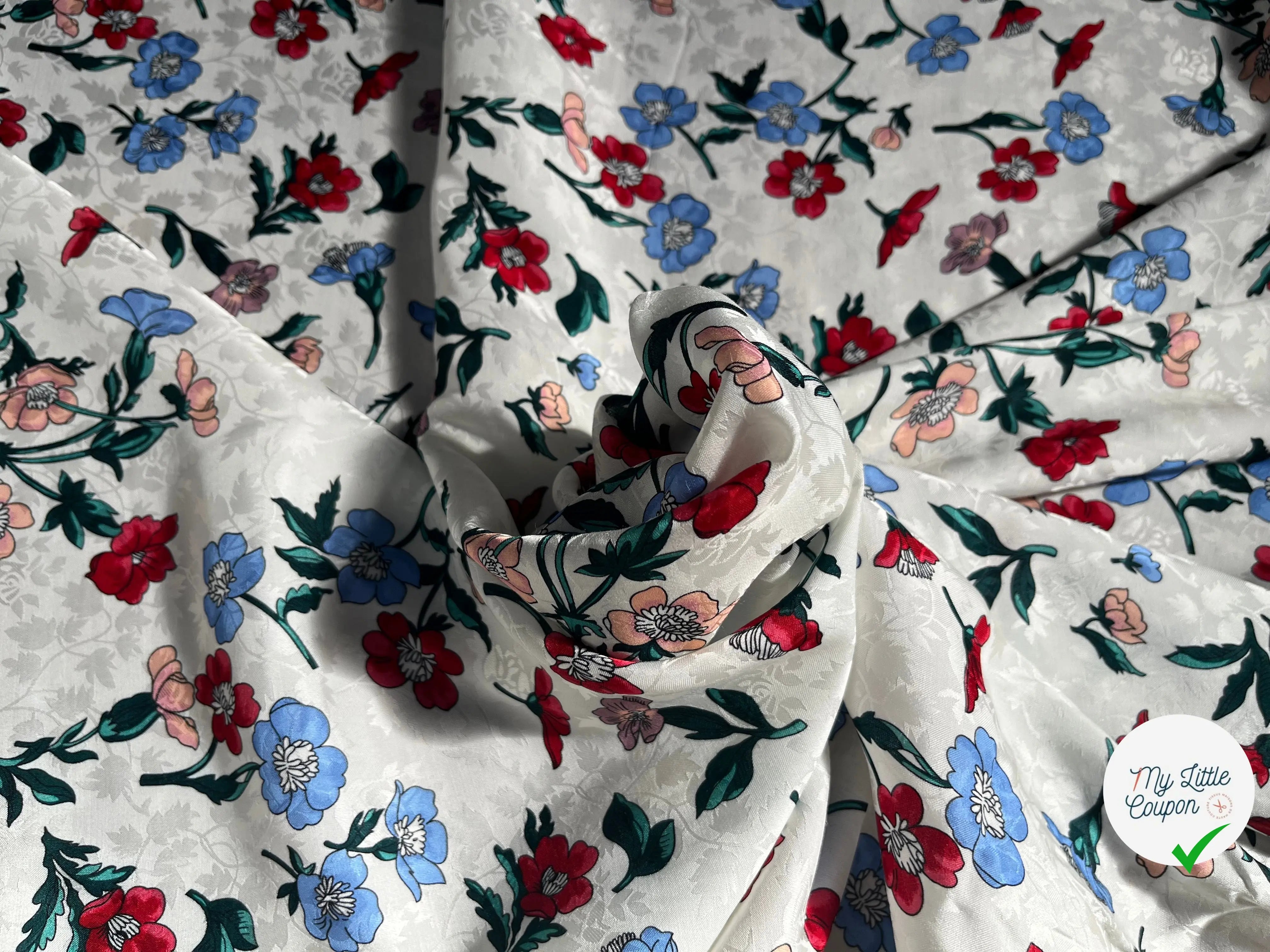 VISCOSE JACQUARD IMPRIMÉ FLEUR ROUGE BLEU VERT ROSE - My Little Coupon