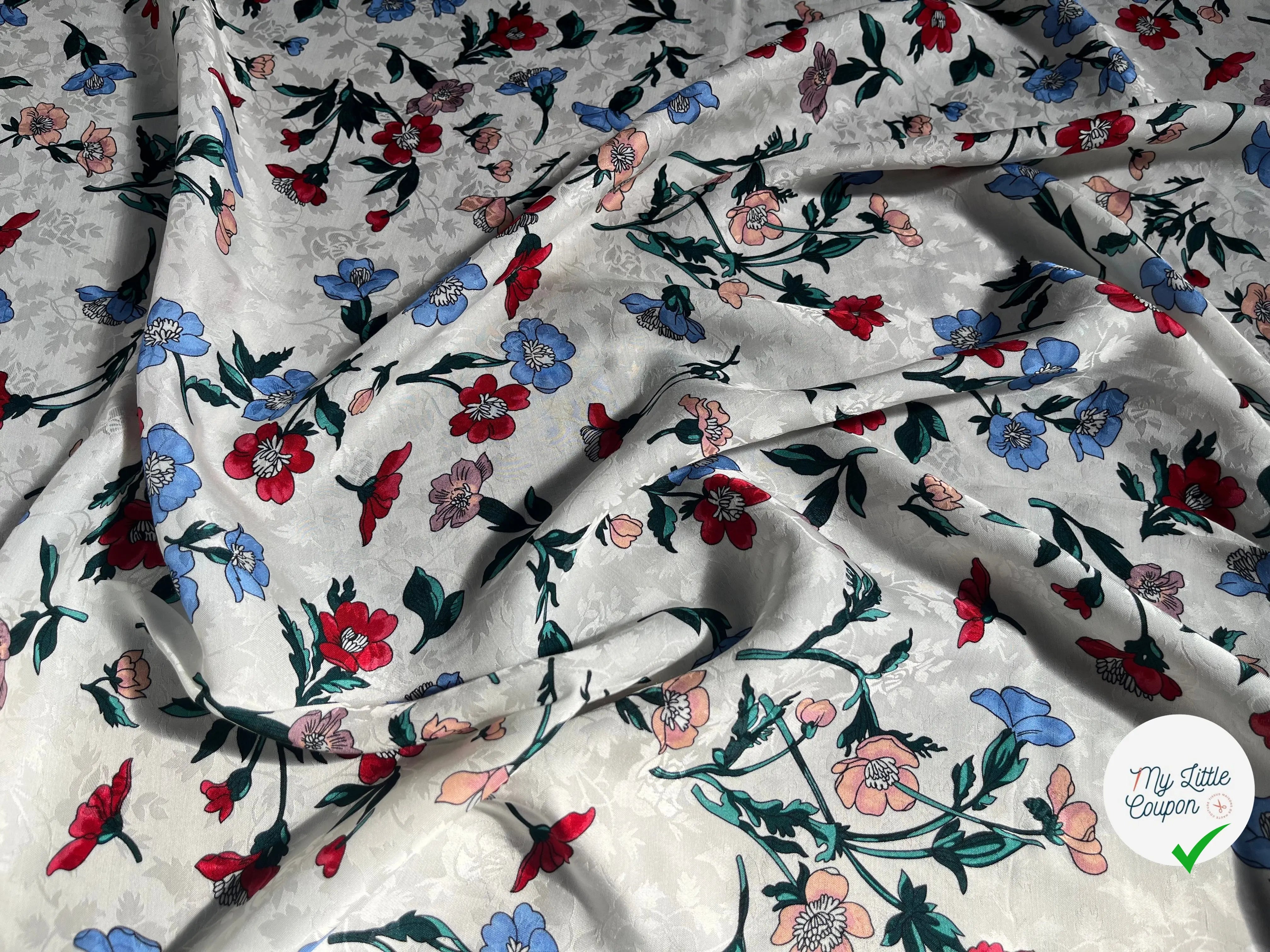 VISCOSE JACQUARD IMPRIMÉ FLEUR ROUGE BLEU VERT ROSE - My Little Coupon