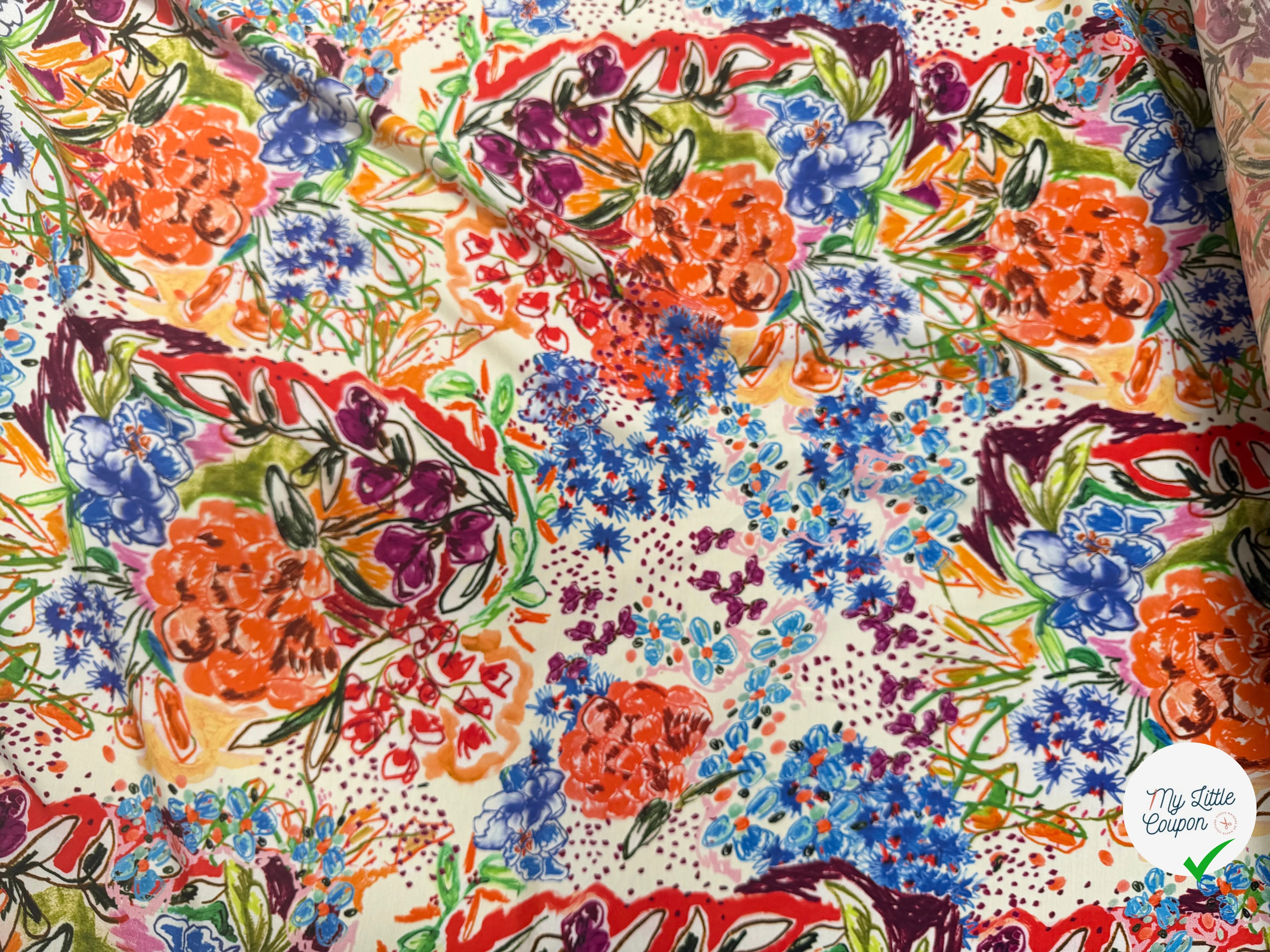 VISCOSE LÉGÈREMENT CREPÉE IMPRIMÉ FLORAL MULTICOLORE FANTASY GARDEN - My Little Coupon