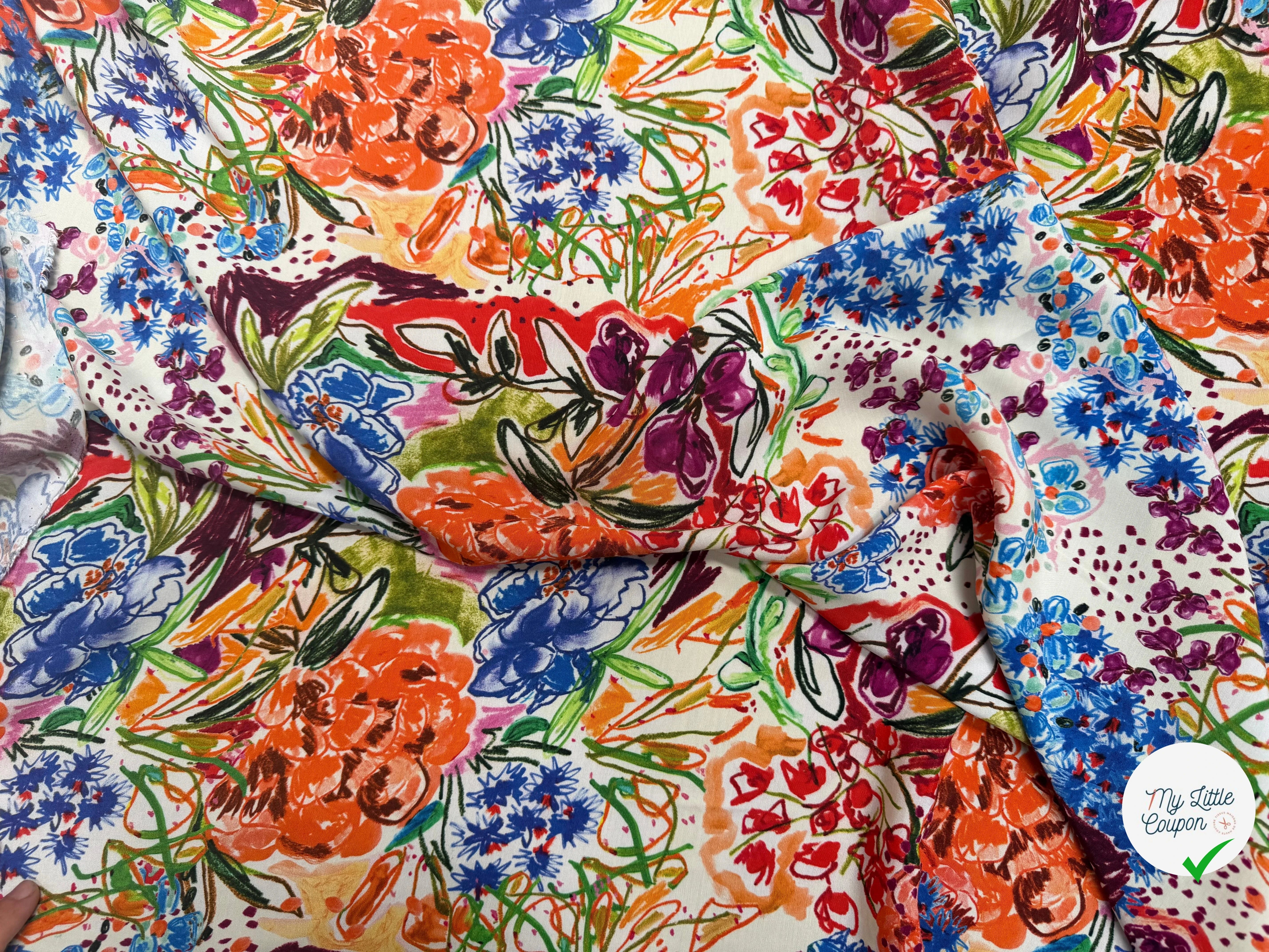 VISCOSE LÉGÈREMENT CREPÉE IMPRIMÉ FLORAL MULTICOLORE FANTASY GARDEN - My Little Coupon