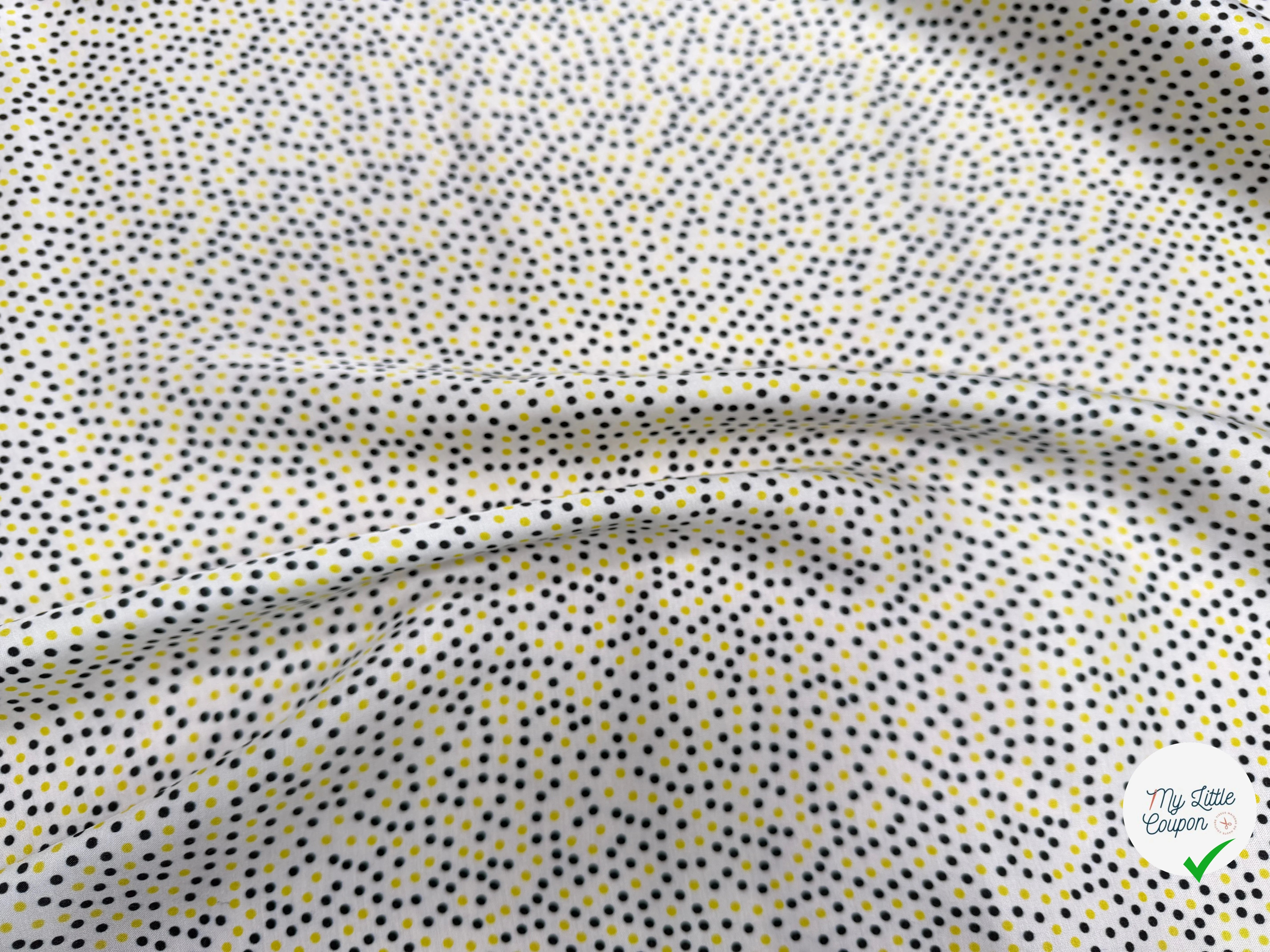 VISCOSE LEGREMENT SATINÉE FOND BLANC CERLES NOIR ET JAUNE QUALITÉ COMO - My Little Coupon