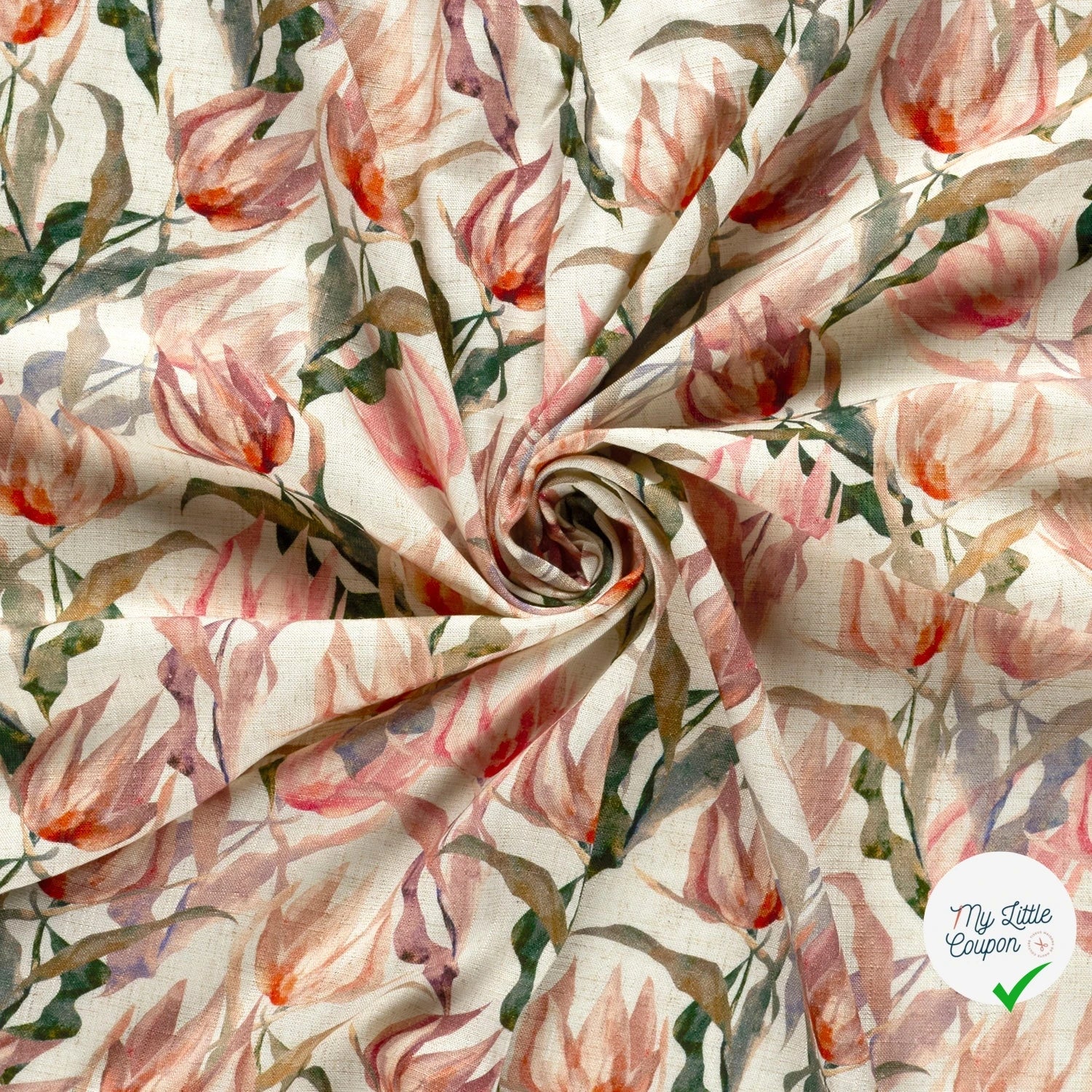 VISCOSE LIN CHAINE ET TRAME FLEURS VERT OLIVE - My Little Coupon