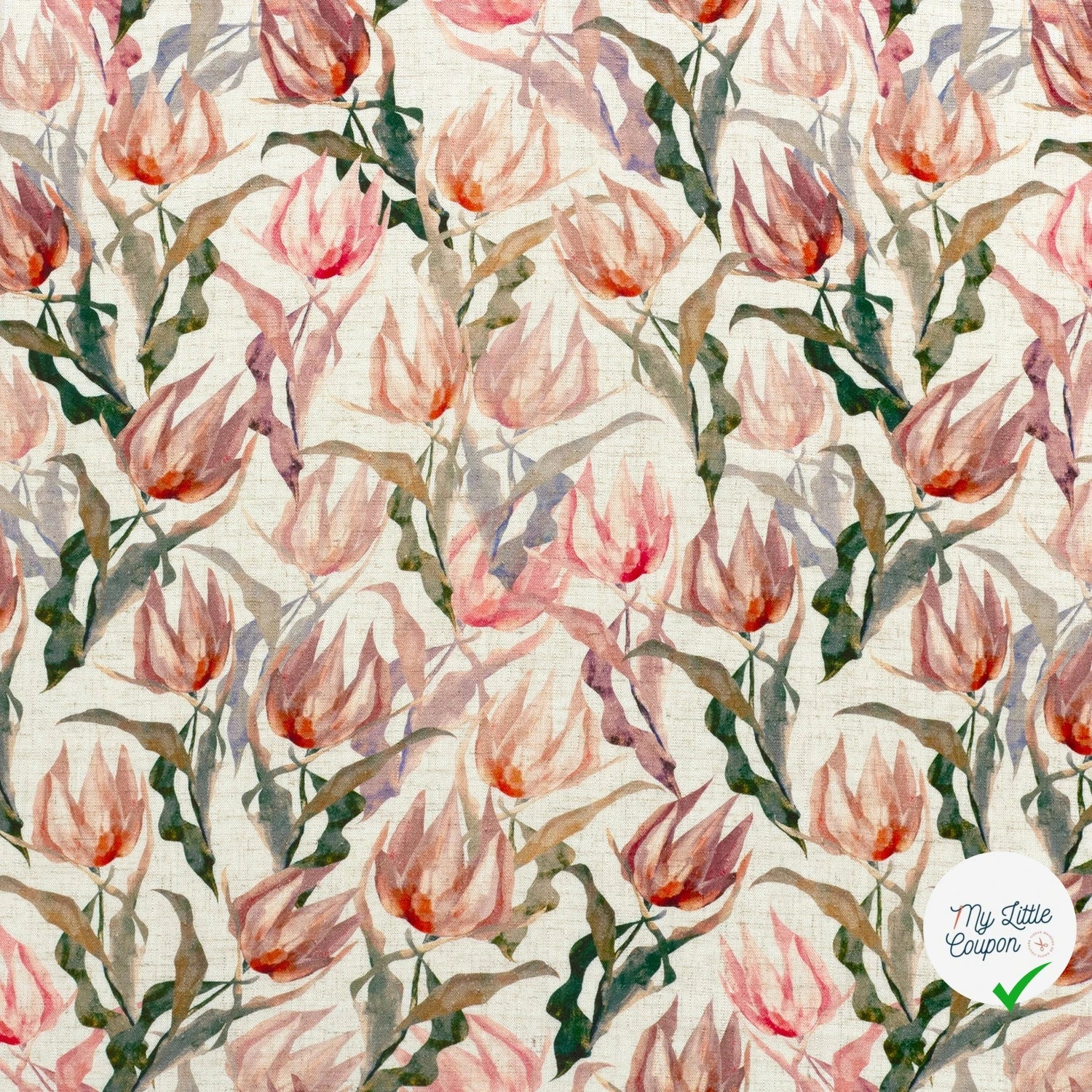 VISCOSE LIN CHAINE ET TRAME FLEURS VERT OLIVE - My Little Coupon