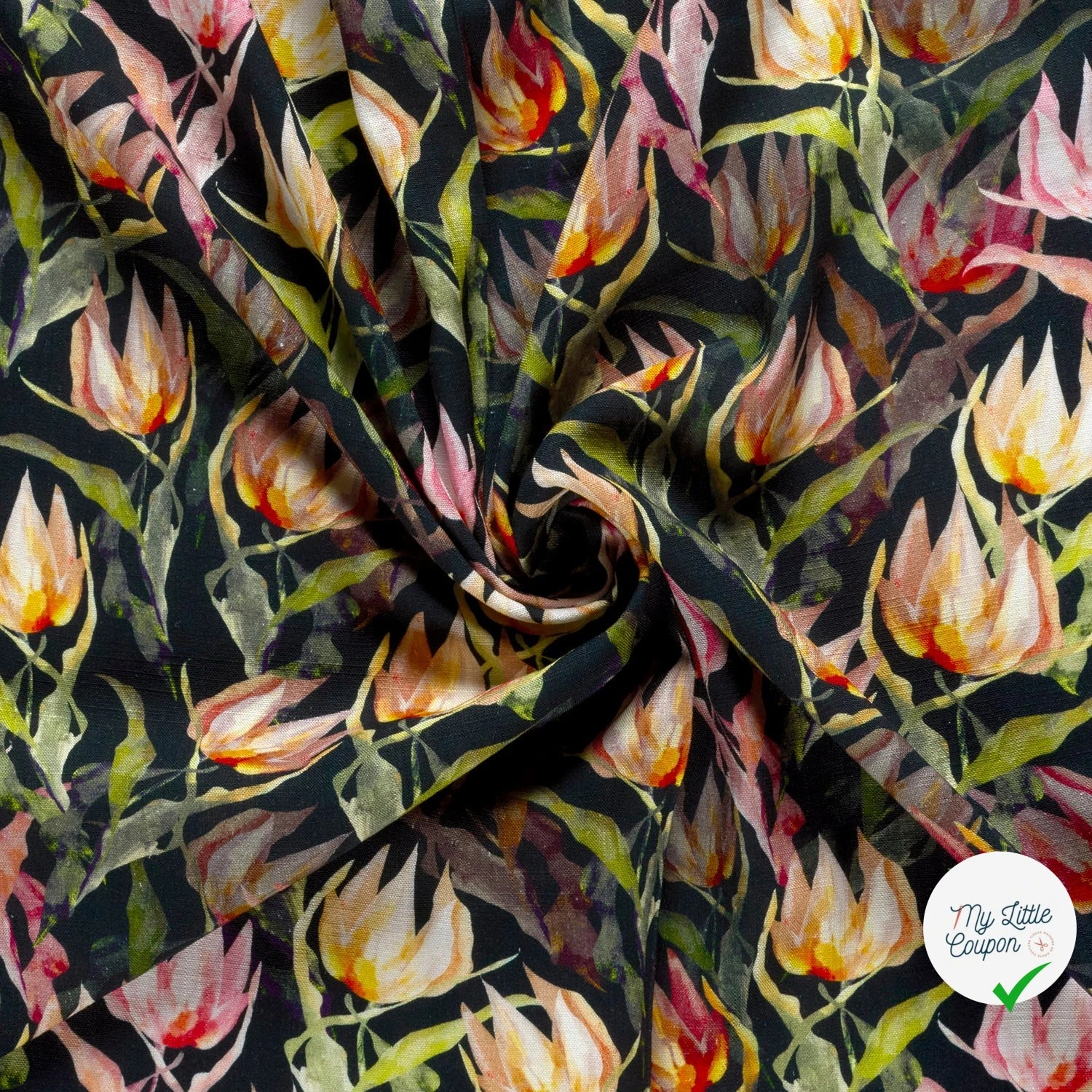 VISCOSE LIN CHAINE ET TRAME TISSU IMPRIMÉ FLEURS BLEU MARINE - My Little Coupon