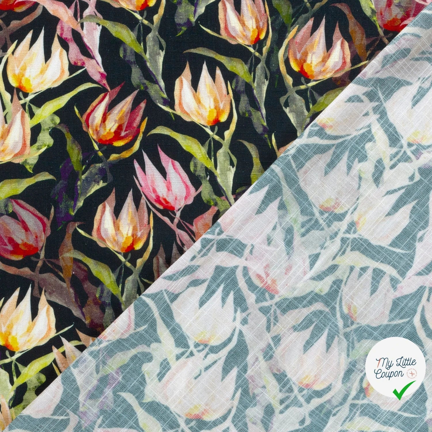 VISCOSE LIN CHAINE ET TRAME TISSU IMPRIMÉ FLEURS BLEU MARINE - My Little Coupon