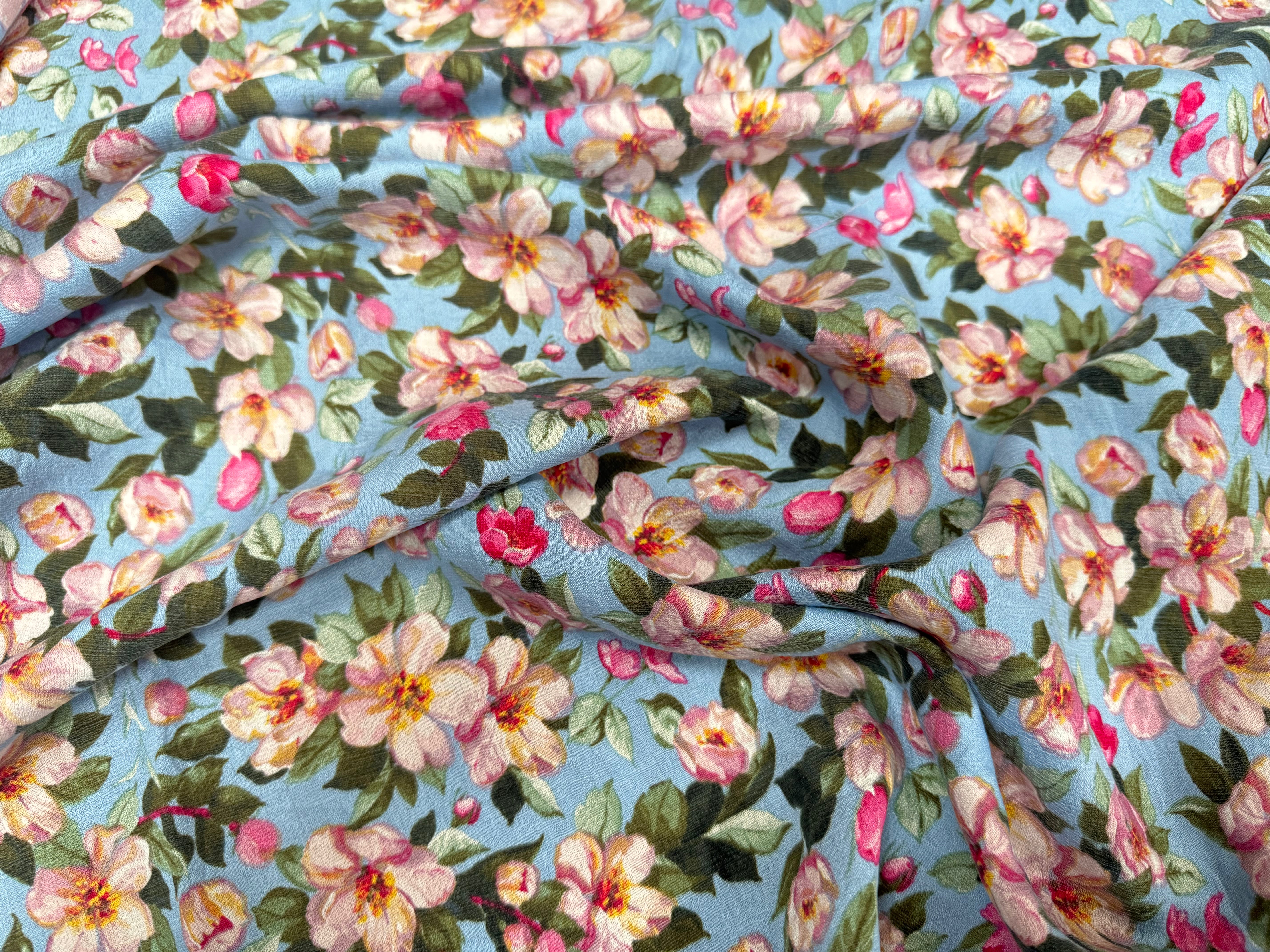 VISCOSE NYLON CREPE TISSU IMPRIMÉ FLEURS BLEU BÉBÉ - My Little Coupon