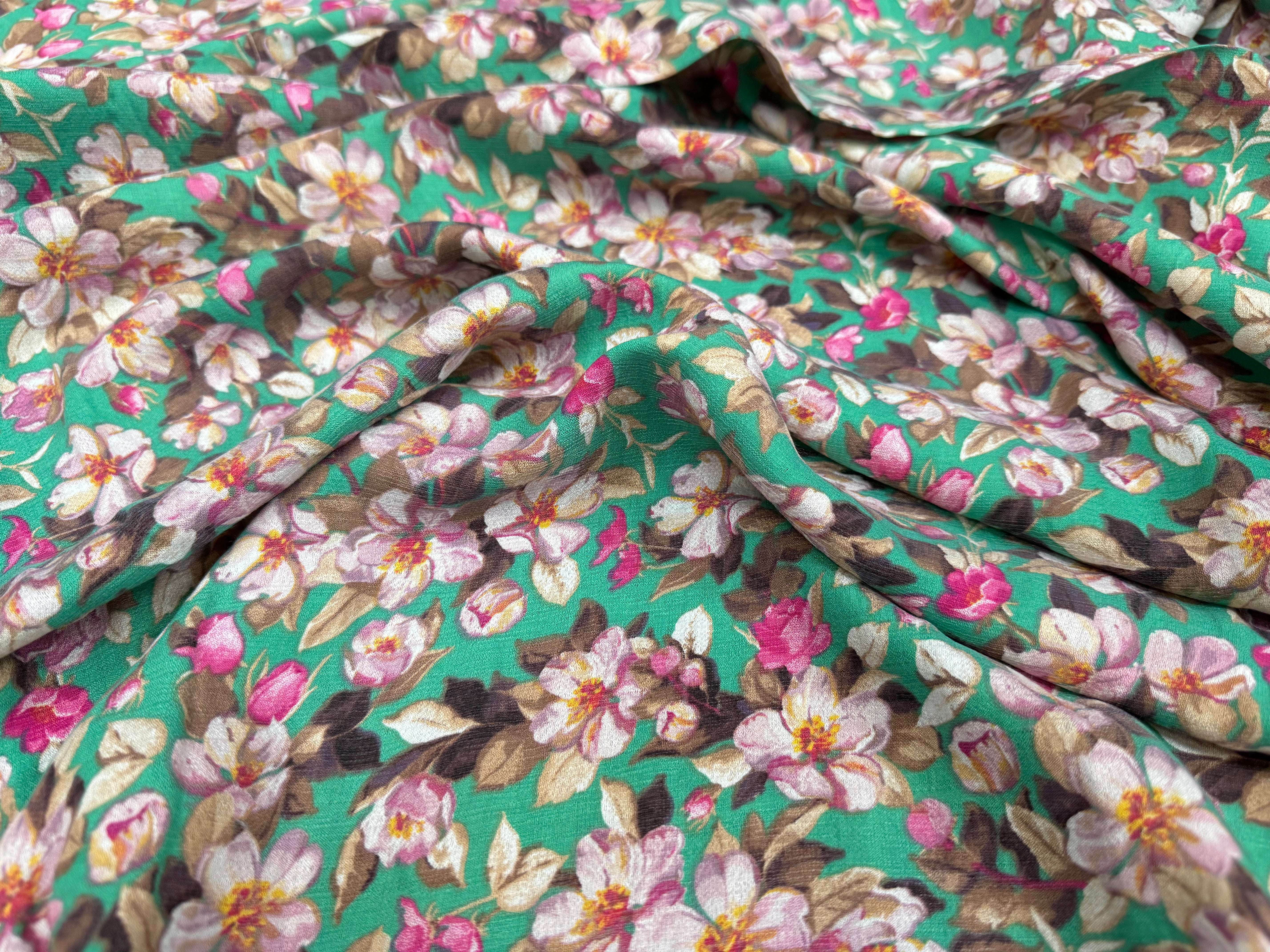 VISCOSE NYLON CREPE TISSU IMPRIMÉ FLEURS VERT - My Little Coupon