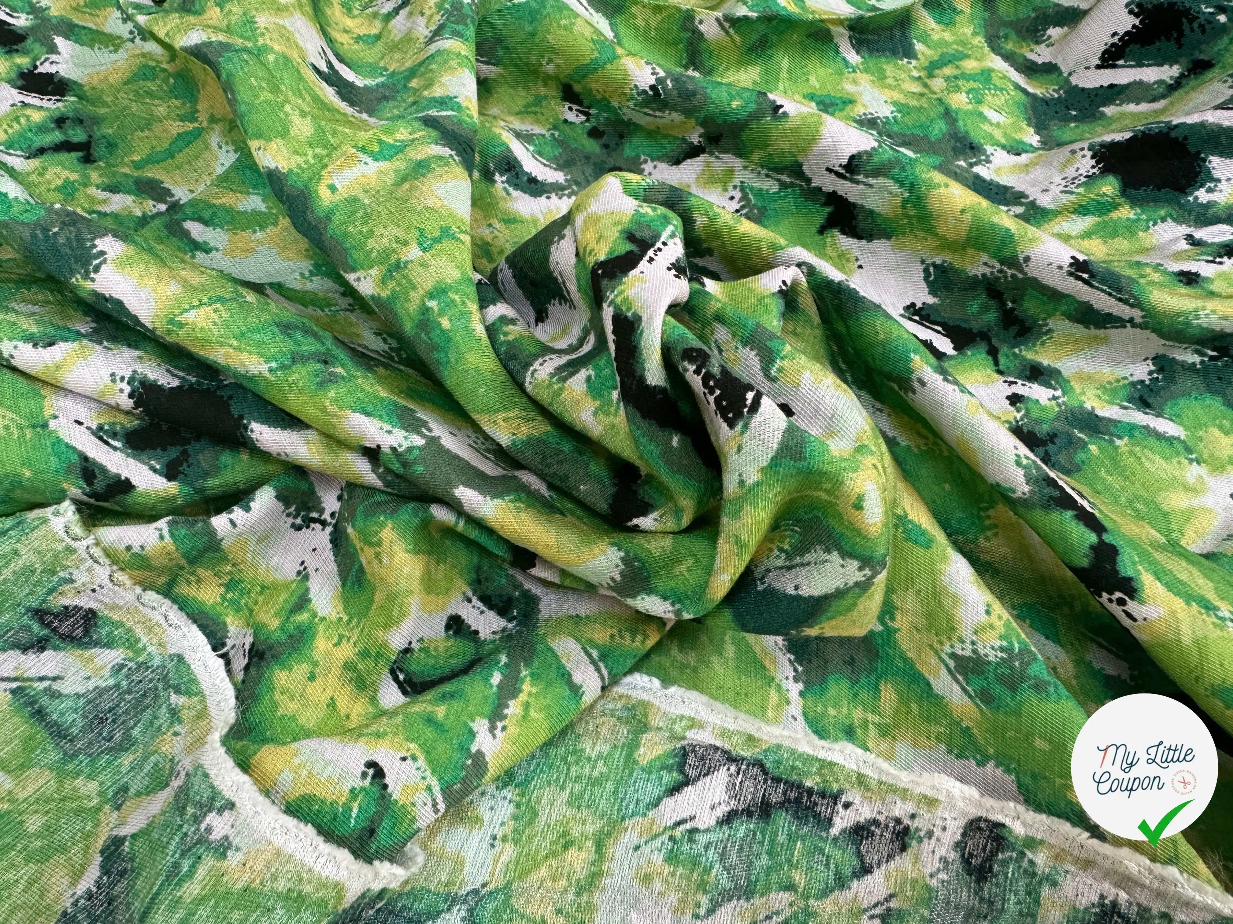 VISCOSE NYLON TWILL TISSU IMPRIMÉ ABSTRAIT VERT - My Little Coupon