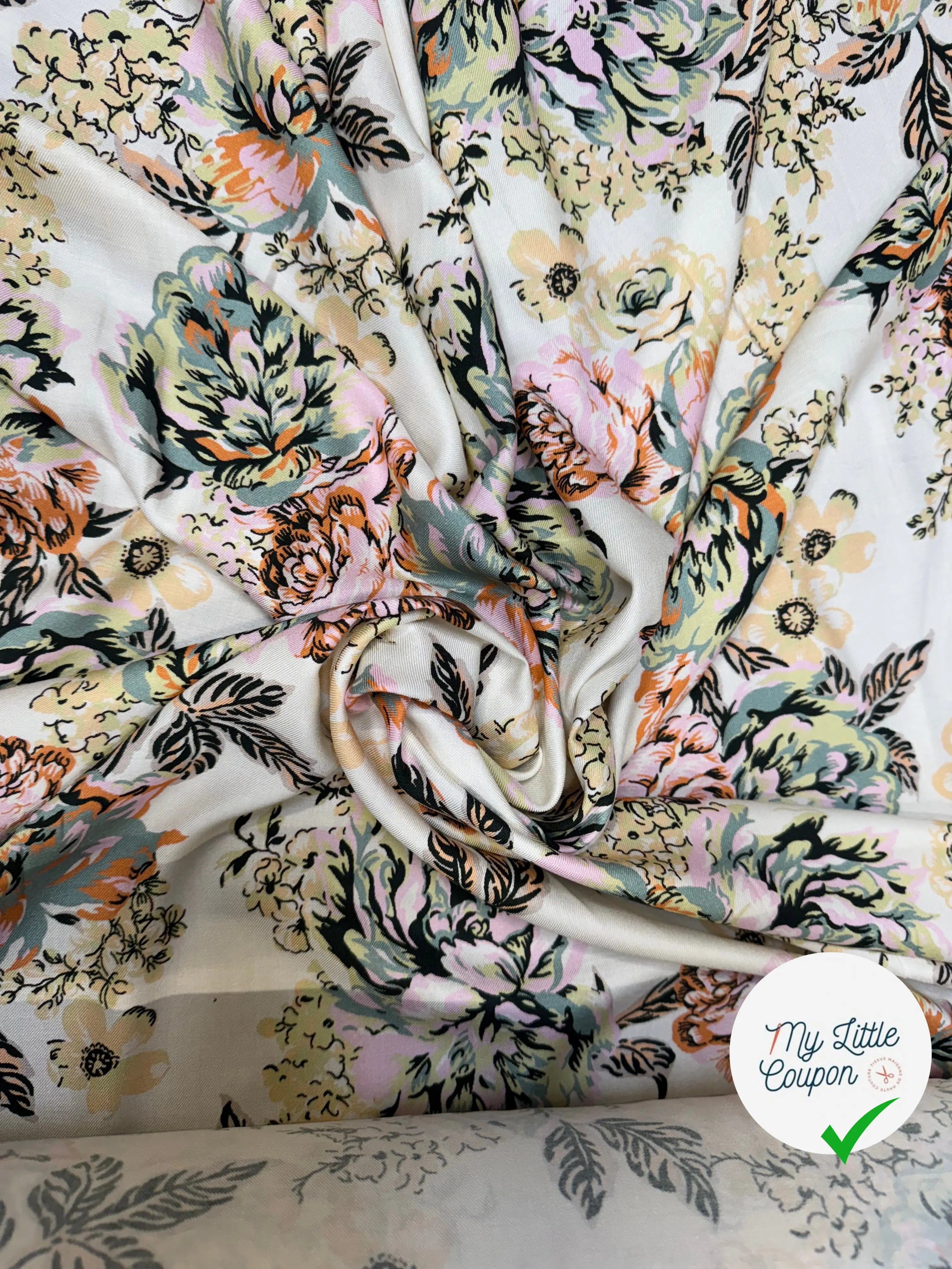 VISCOSE SERGÉE IMPRIMÉE PRINTEMPS LÉGÈREMENT SATINÉ - My Little Coupon