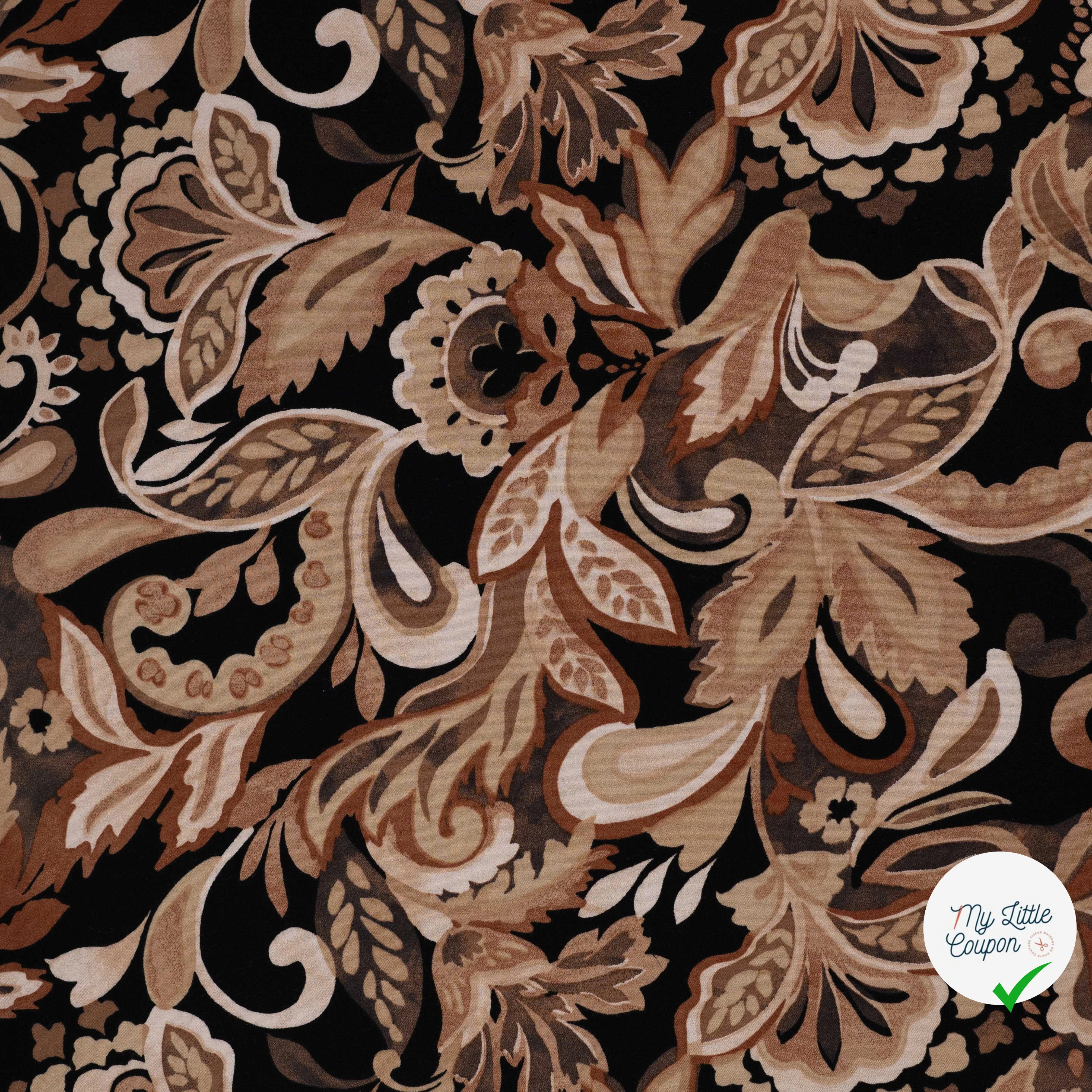 Viscose stretch imprimée feuilles taupe - vue à plat