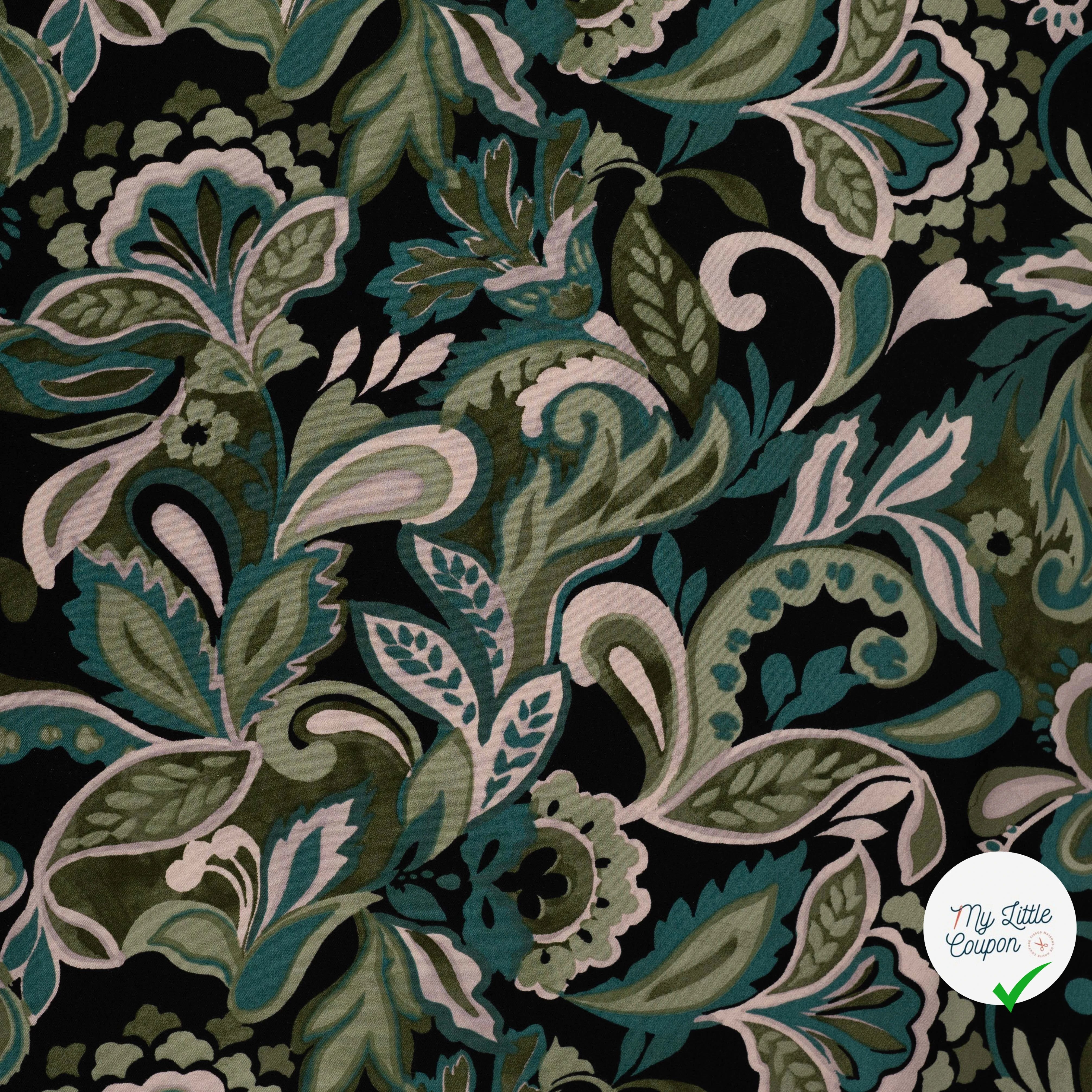 Viscose stretch imprimée feuilles turquoise - vue à plat