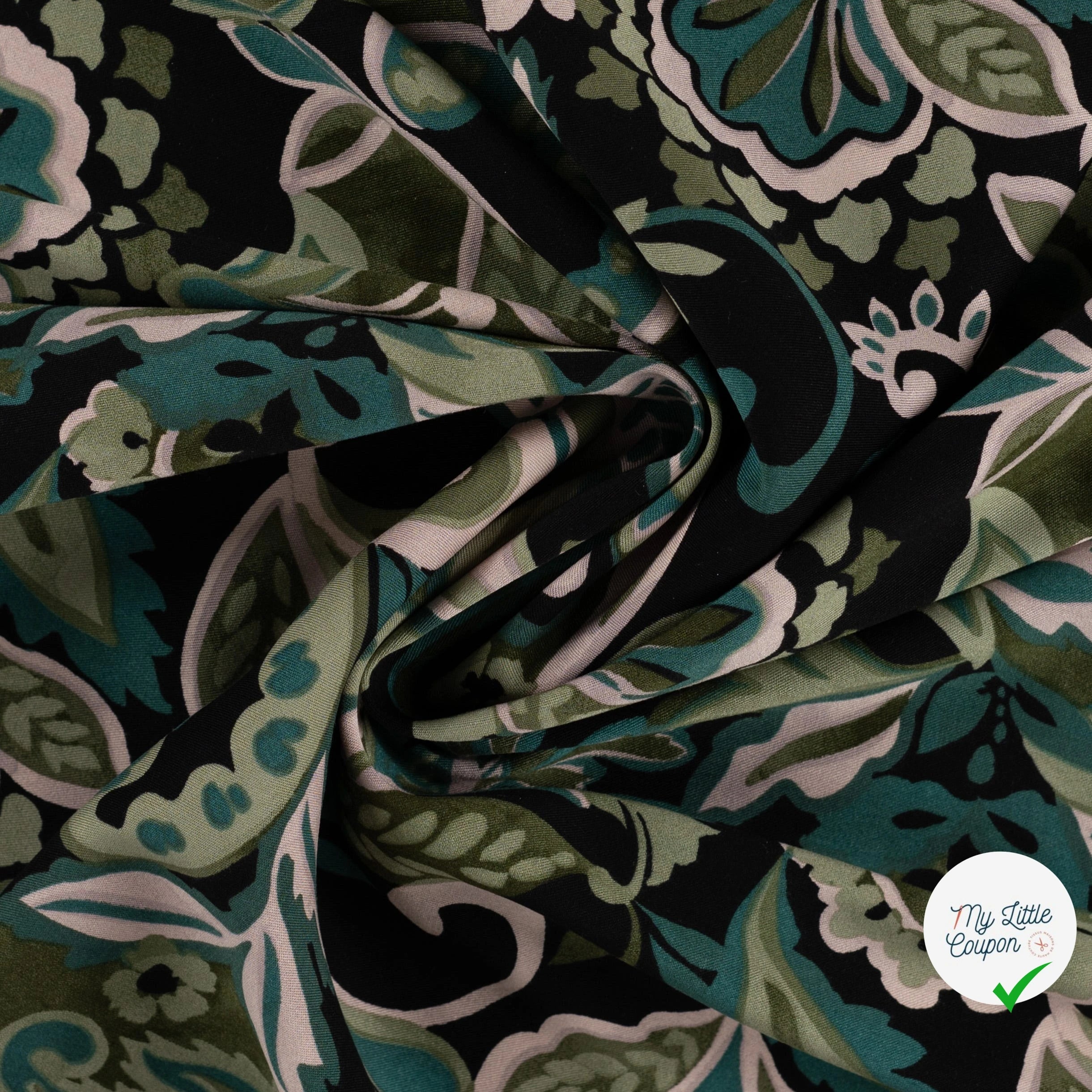 Viscose stretch imprimée feuilles turquoise - drapé