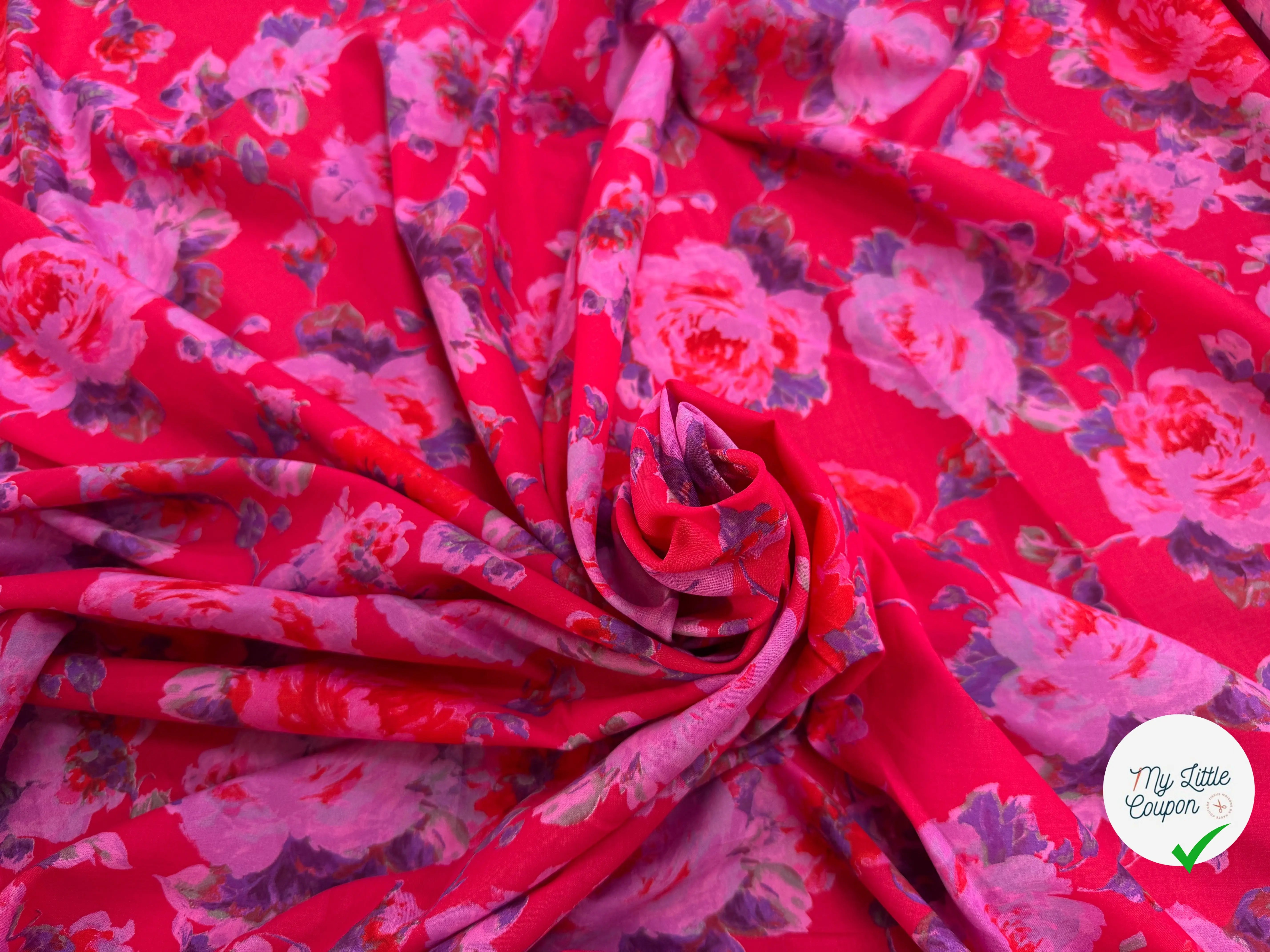 VOILE COTON ROUGE AVEC FLEURS VIOLET - My Little Coupon