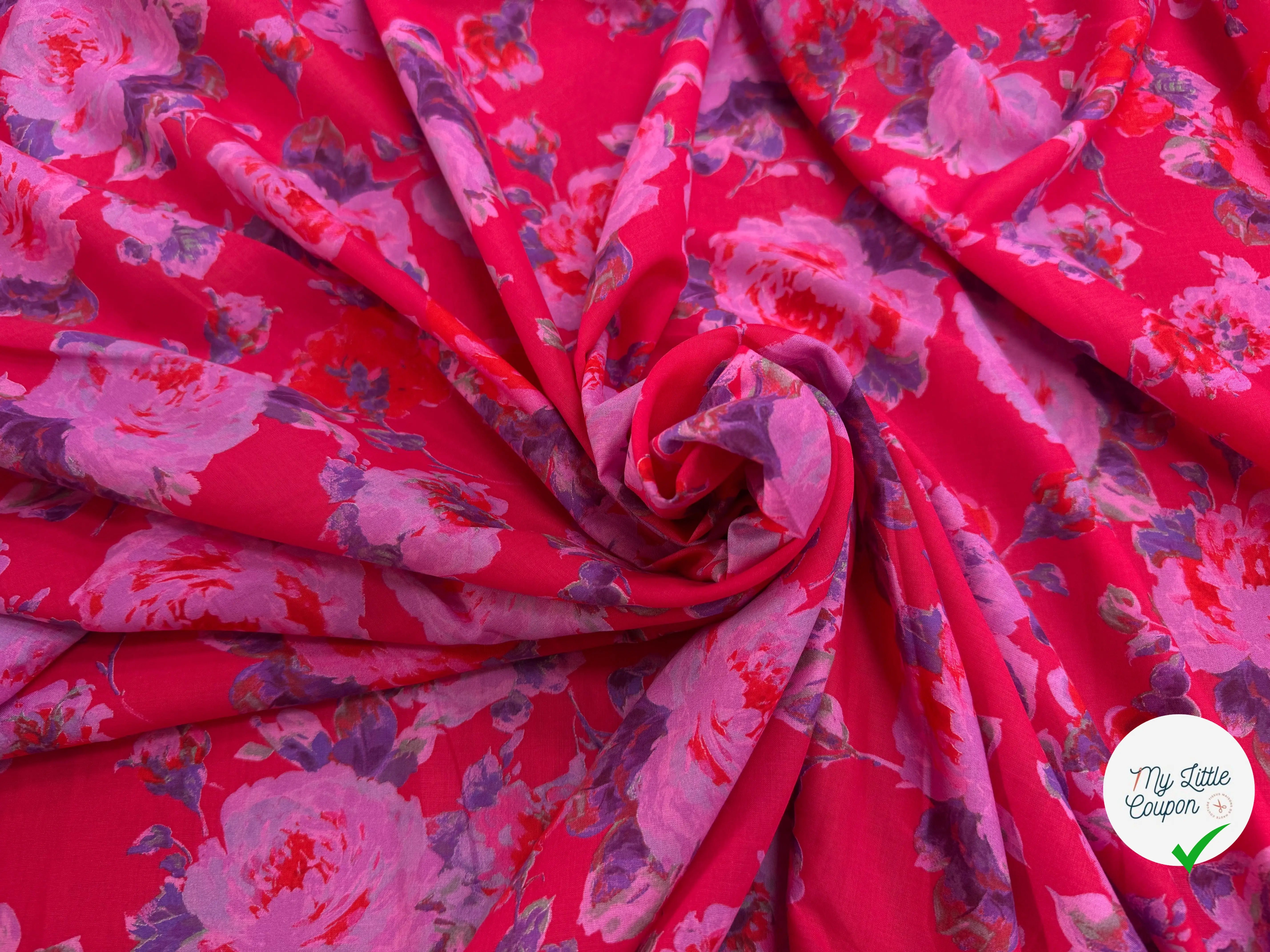 VOILE COTON ROUGE AVEC FLEURS VIOLET - My Little Coupon